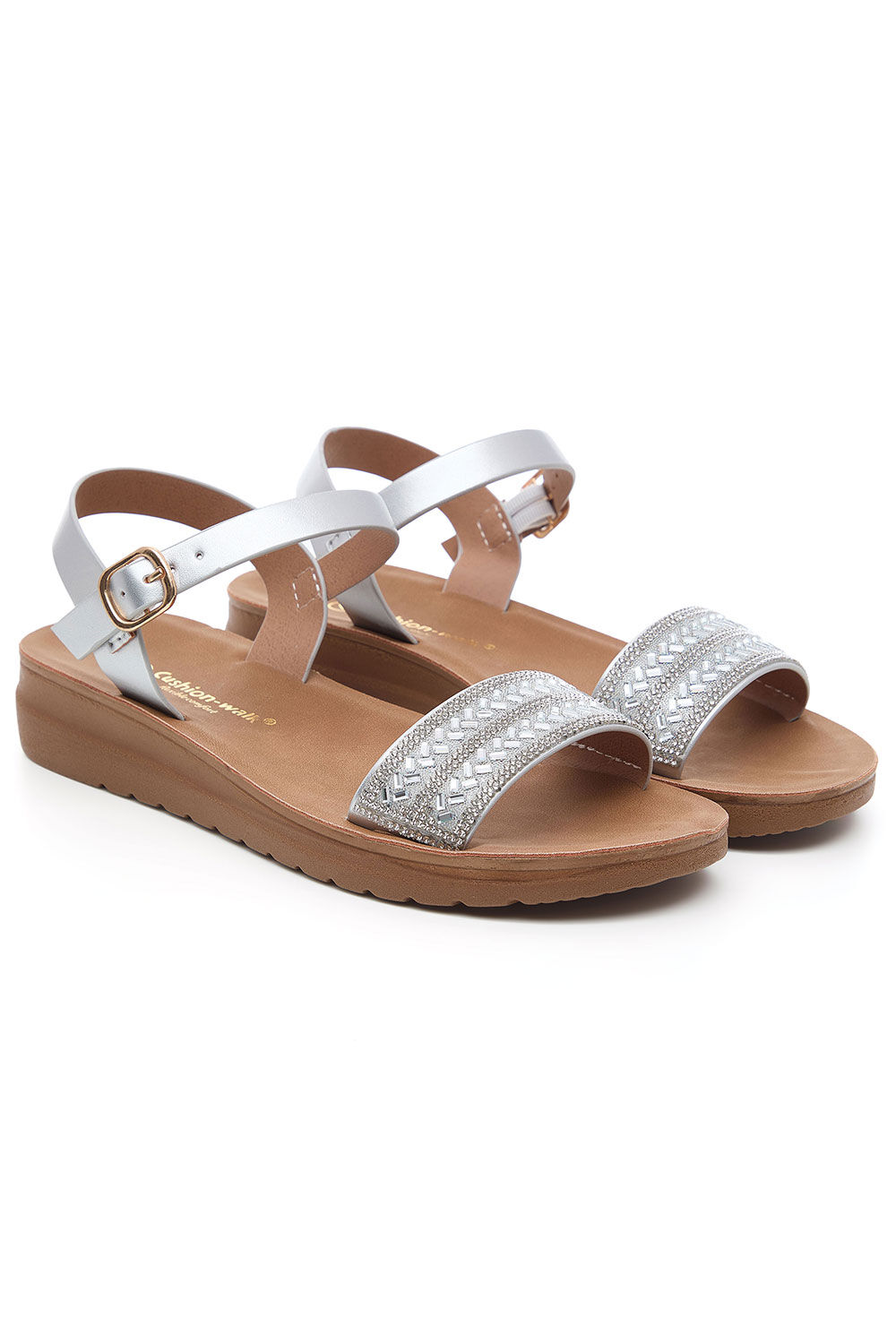 Bonmarche Silver Diamante Strap Flat Sandals With Ankle Buckle Detail, Size: 5