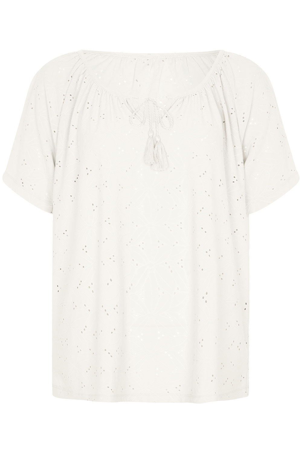 Bonmarche Ivory Short Sleeve Broderie Design Jersey T-Shirt, Size: 20