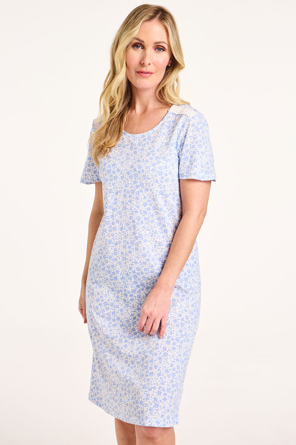Bonmarche 100% Cotton Blue Floral Print Jersey Nightdress With Lace Trim, Size: 08-10