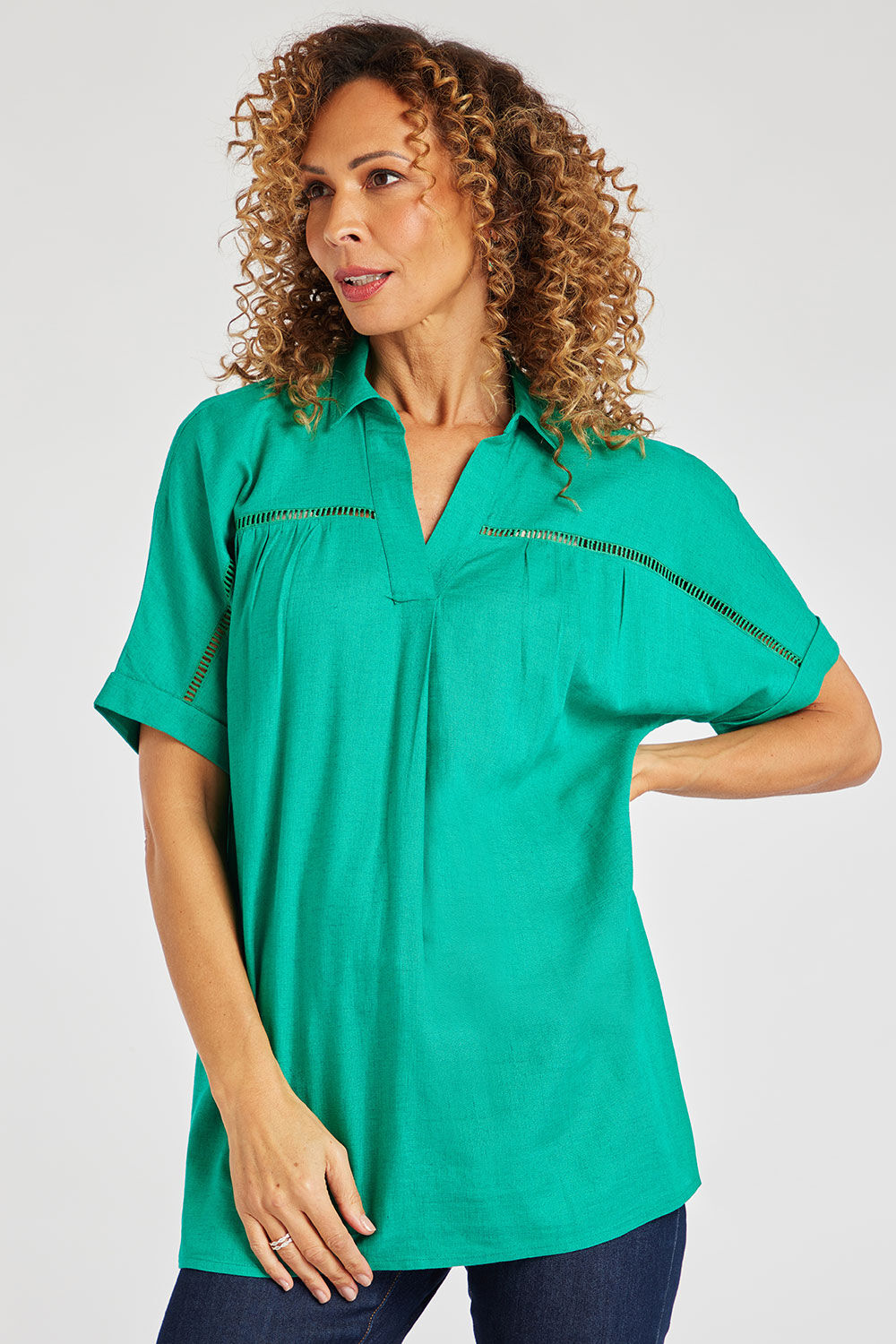 Bonmarche Green Short Sleeve Notch Neck Collared Plain Linen Tunic, Size: 14