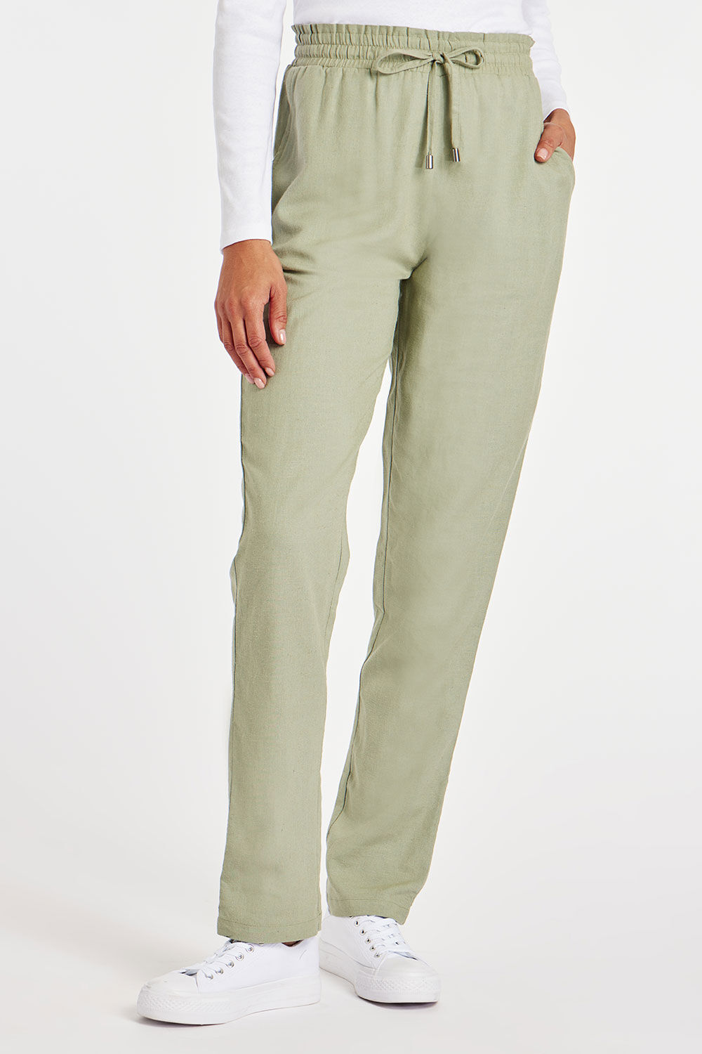 Bonmarche Sage Paperbag Tie Waist Tapered Linen Trousers, Size: 12