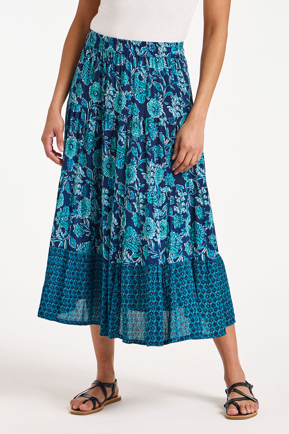 Bonmarche Turquoise Border Print Tiered Crinkle Skirt, Size: 20