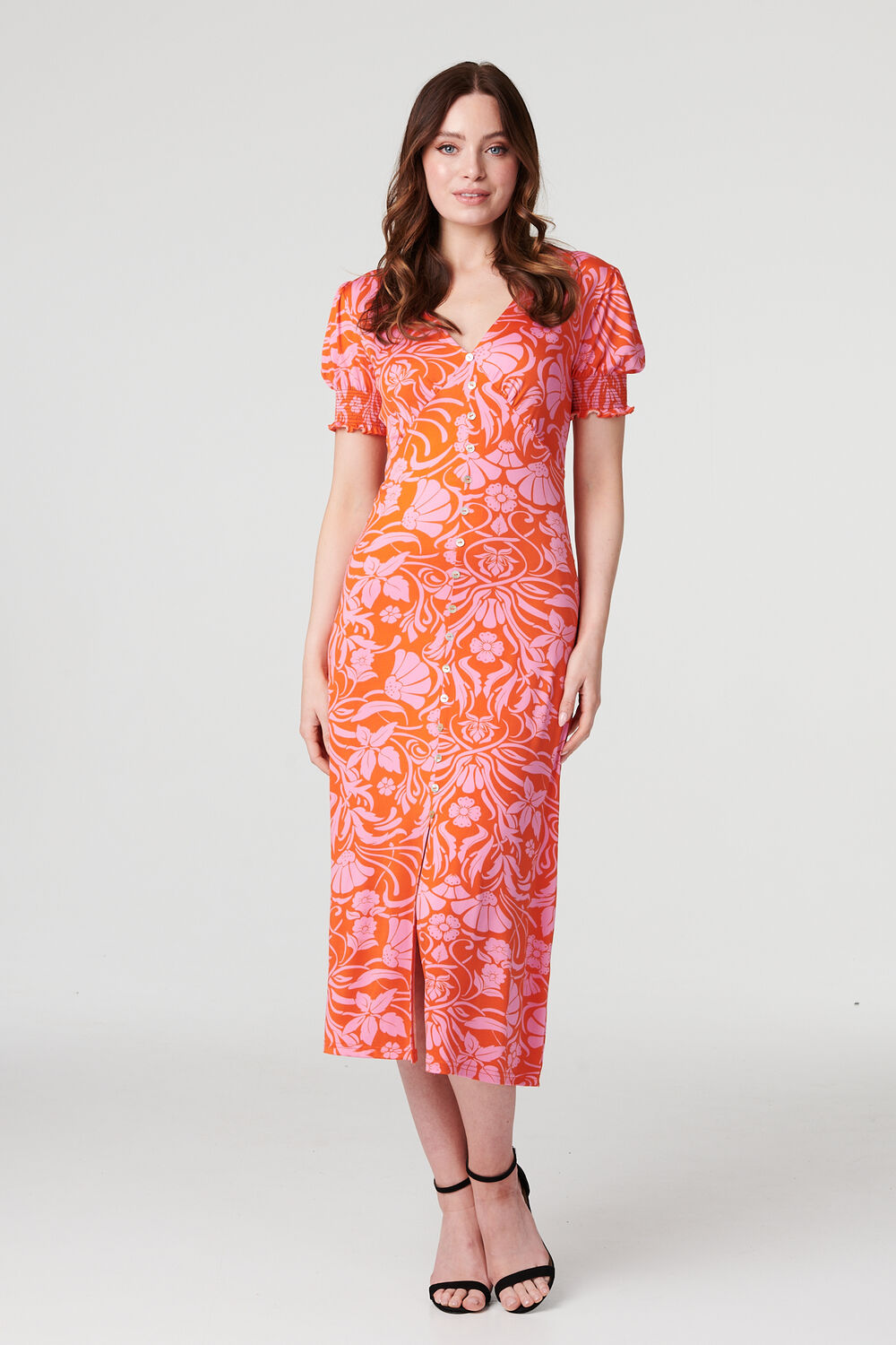 Izabel London Orange - Floral Tie Back Midi Tea Dress, Size: XL
