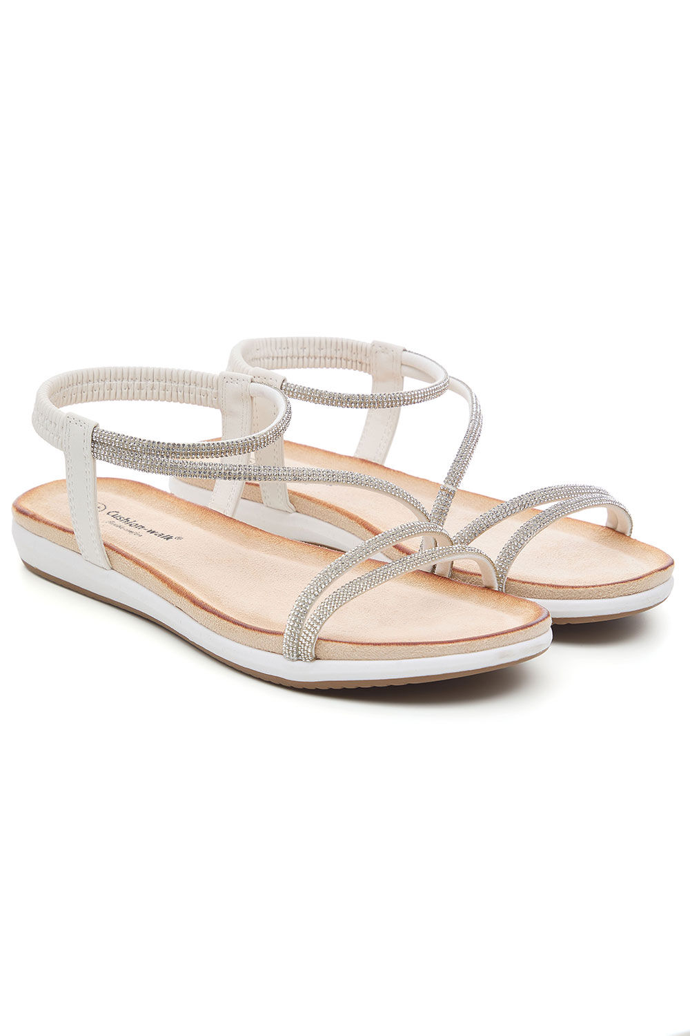 Bonmarche White Diamante Strap Elasticated Back Sandals, Size: 8 - Summer Dresses