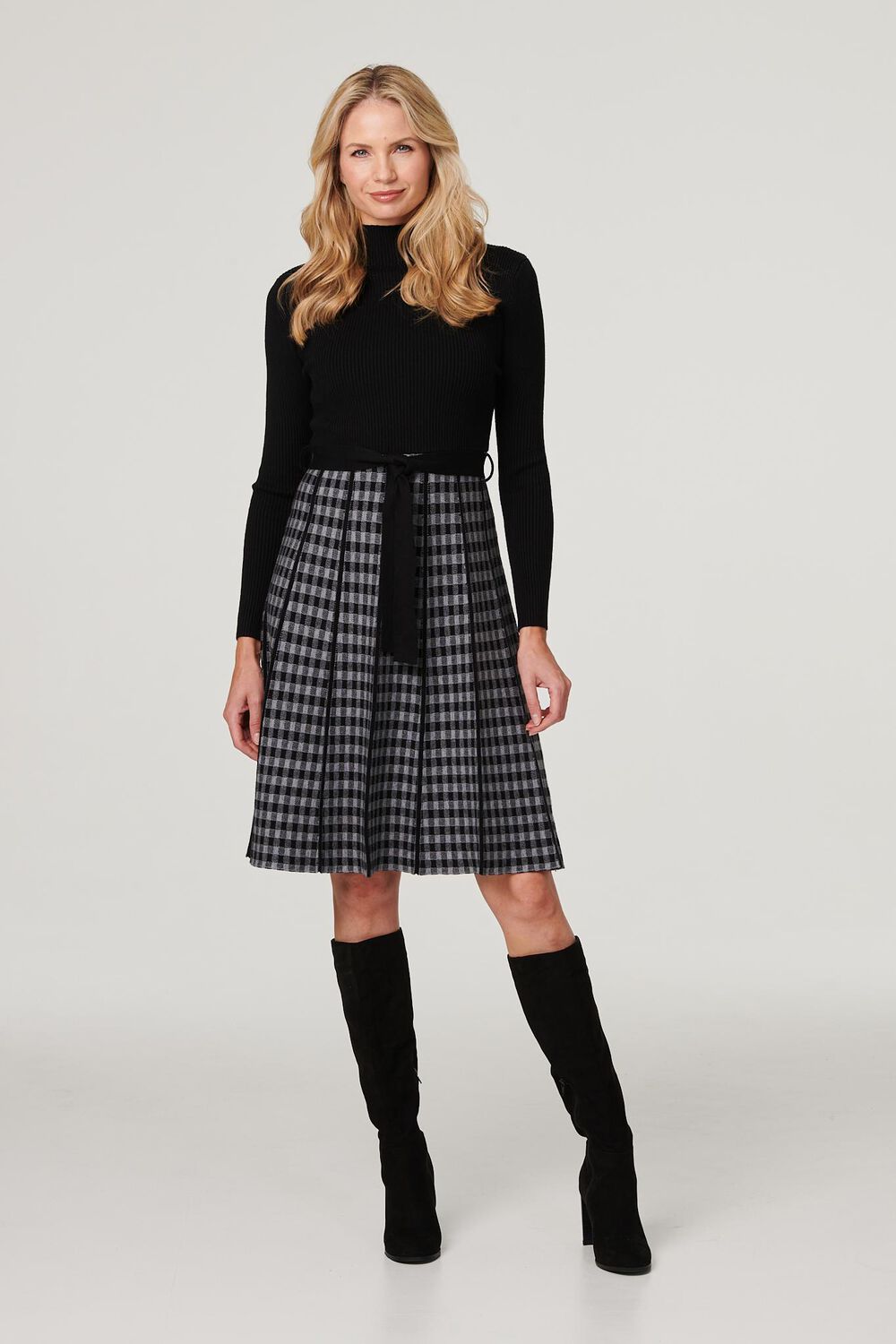 Izabel London Women’s Black and Grey Viscose Checked Stylish Long Sleeve High Neck Knit Dress, Size: 14