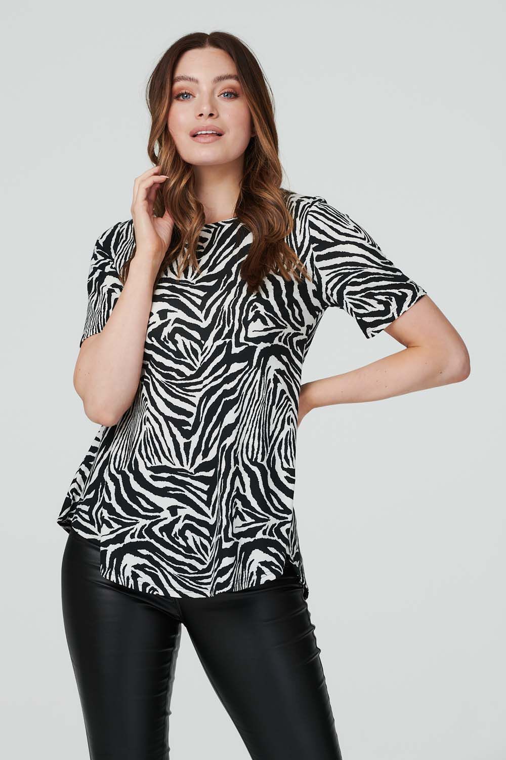 Stella Morgan Black - Short Sleeve Zebra Print Shell Top, Size: 8
