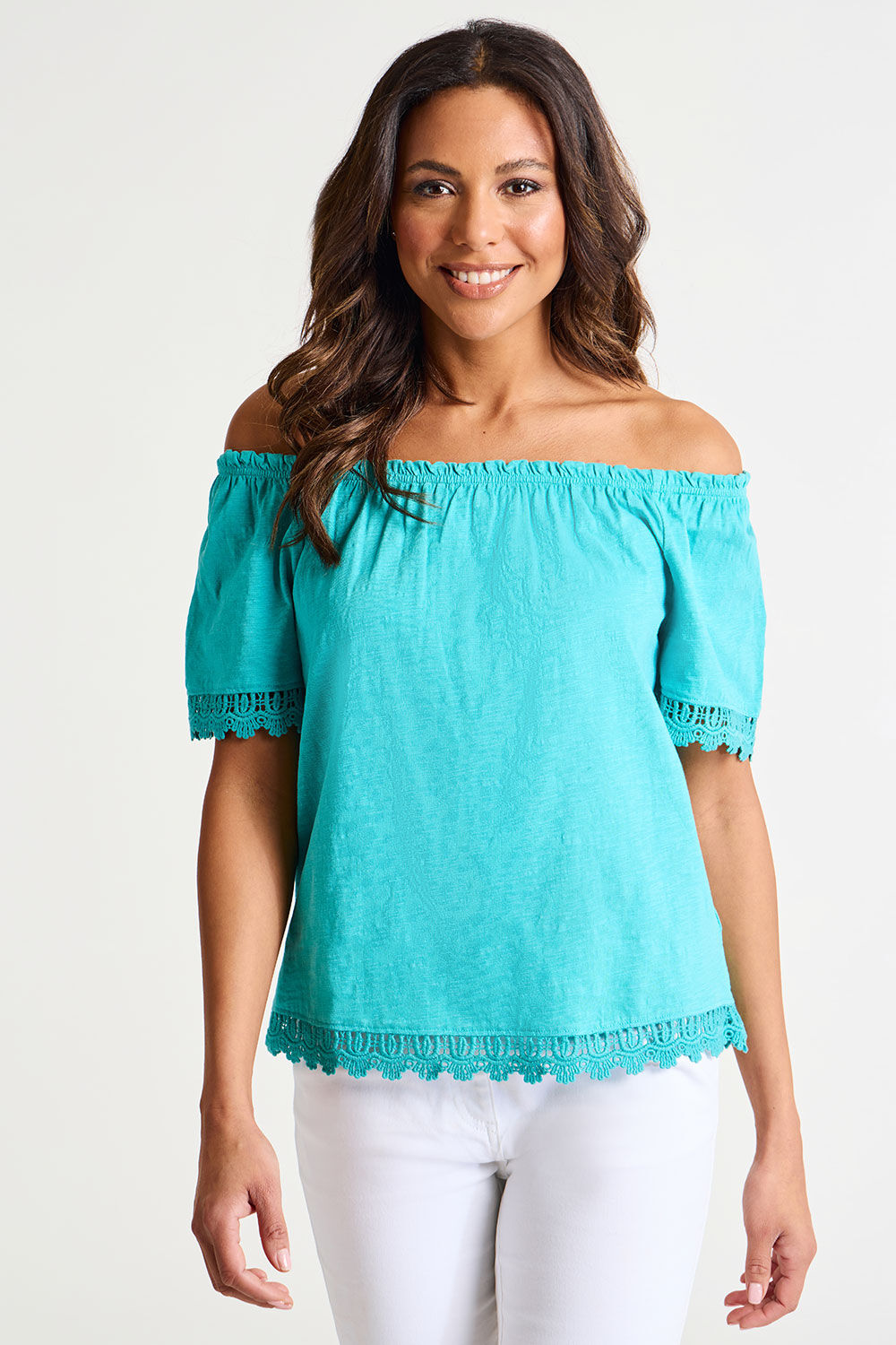Bonmarche Turquoise Short Sleeve Jersey Bardot Top With Lace Trim, Size: 20 - Holiday Shop