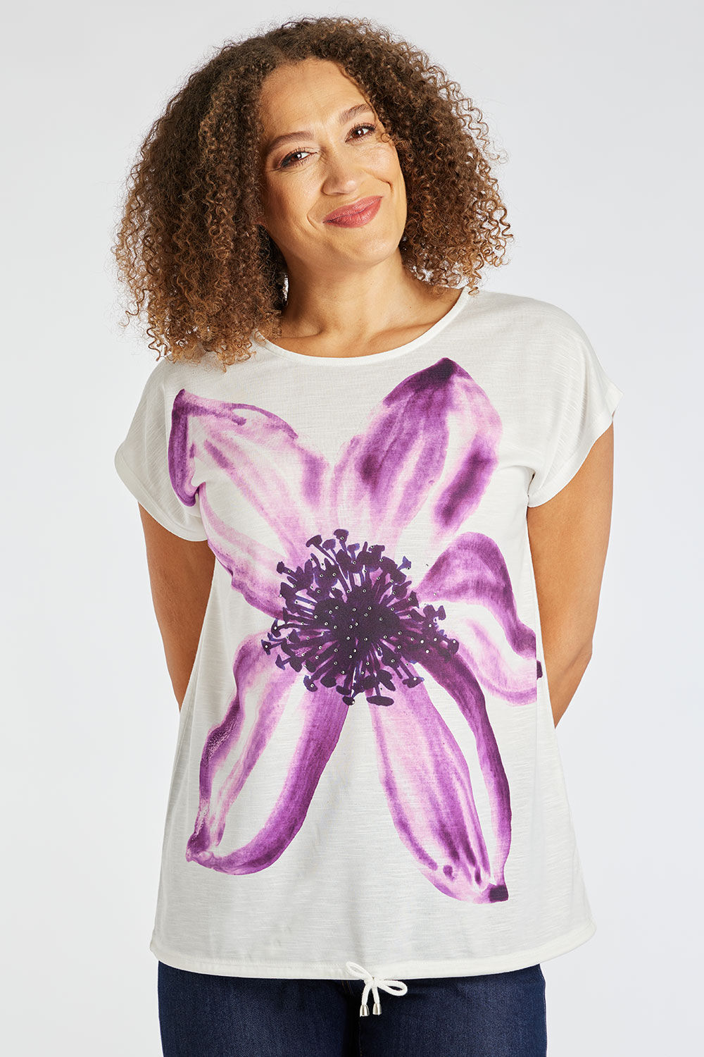 Bonmarche Ivory Short Sleeve Large Floral Print T-Shirt With Drawstring Hem, Size: 26