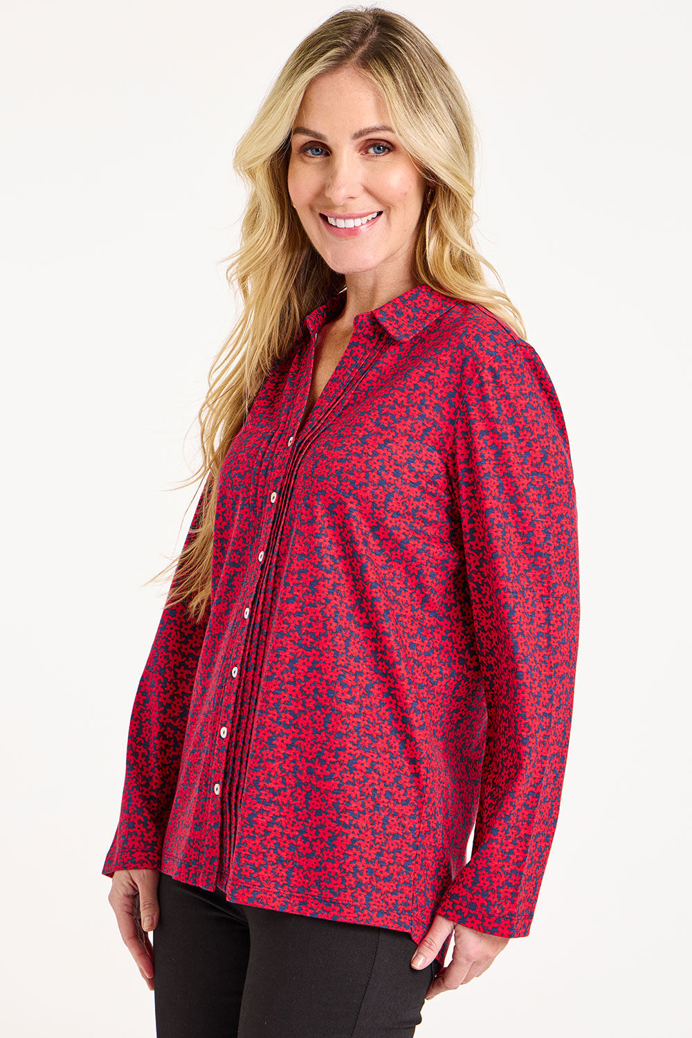Bonmarche Red Long Sleeve Ditsy Button Through Jersey Shirt, Size: 18
