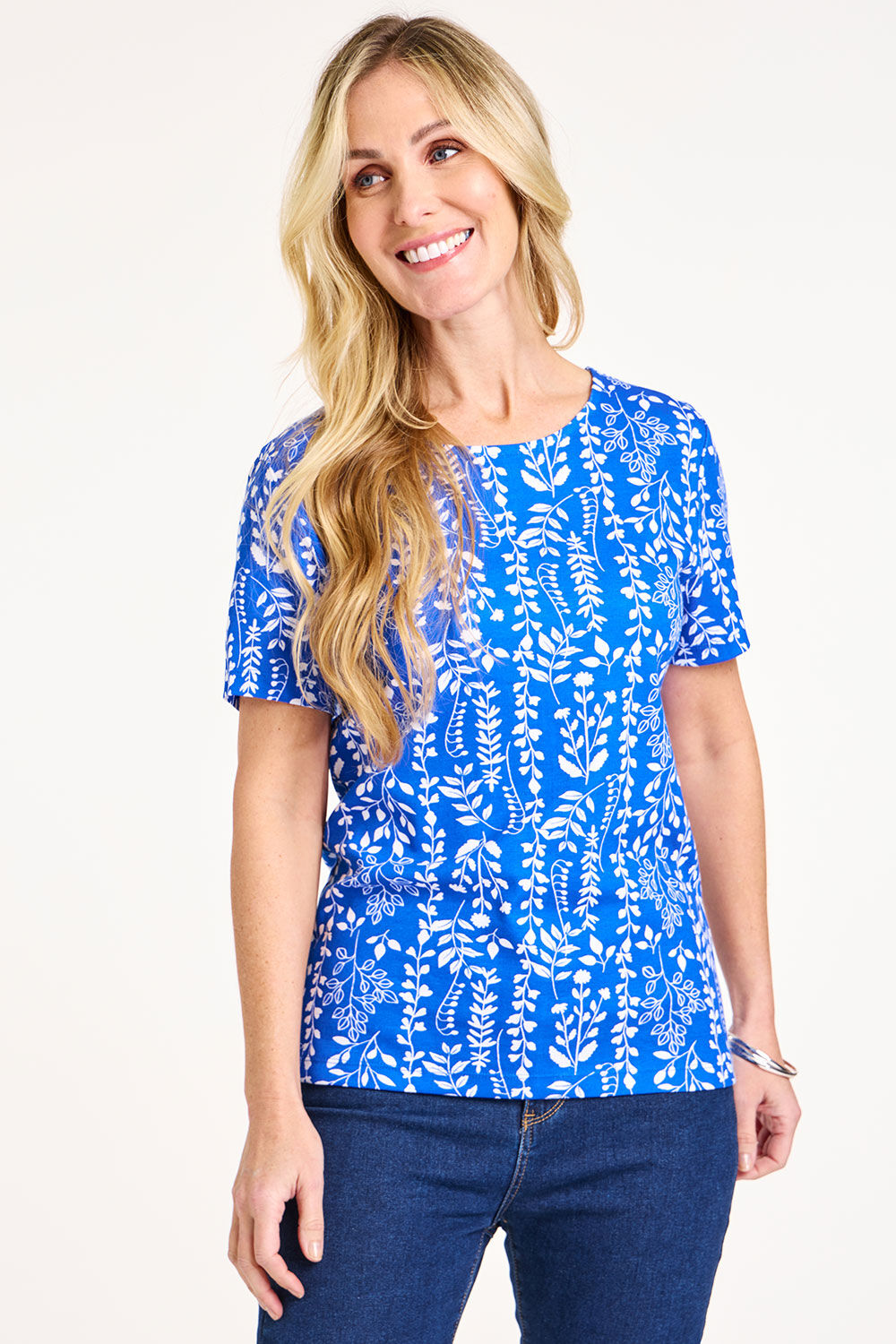 Bonmarche Blue Short Sleeve Linear Leaf Print Scoop Neck T-Shirt, Size: 12