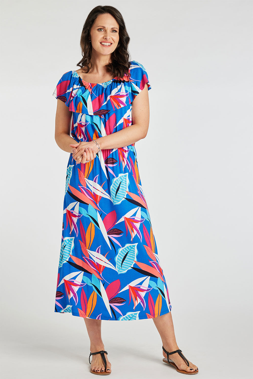 Bonmarche Cobalt Abstract Jungle Print Bardot Jersey Dress, Size: 24