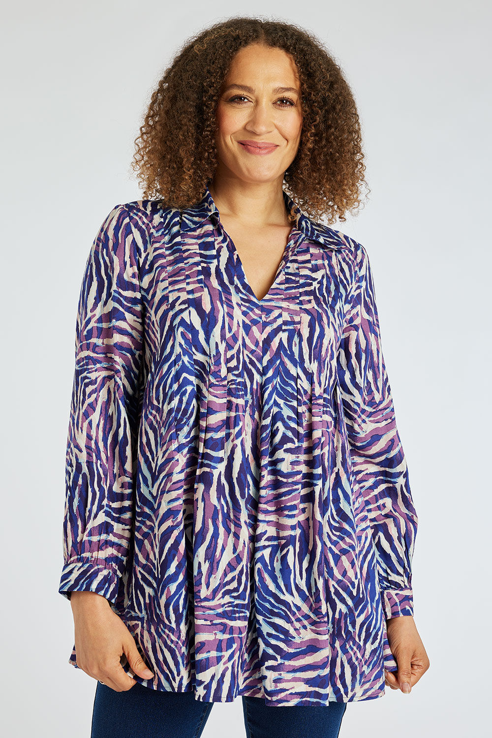 Bonmarche Blue Long Sleeve Zebra Print Pintuck Shirt, Size: 10