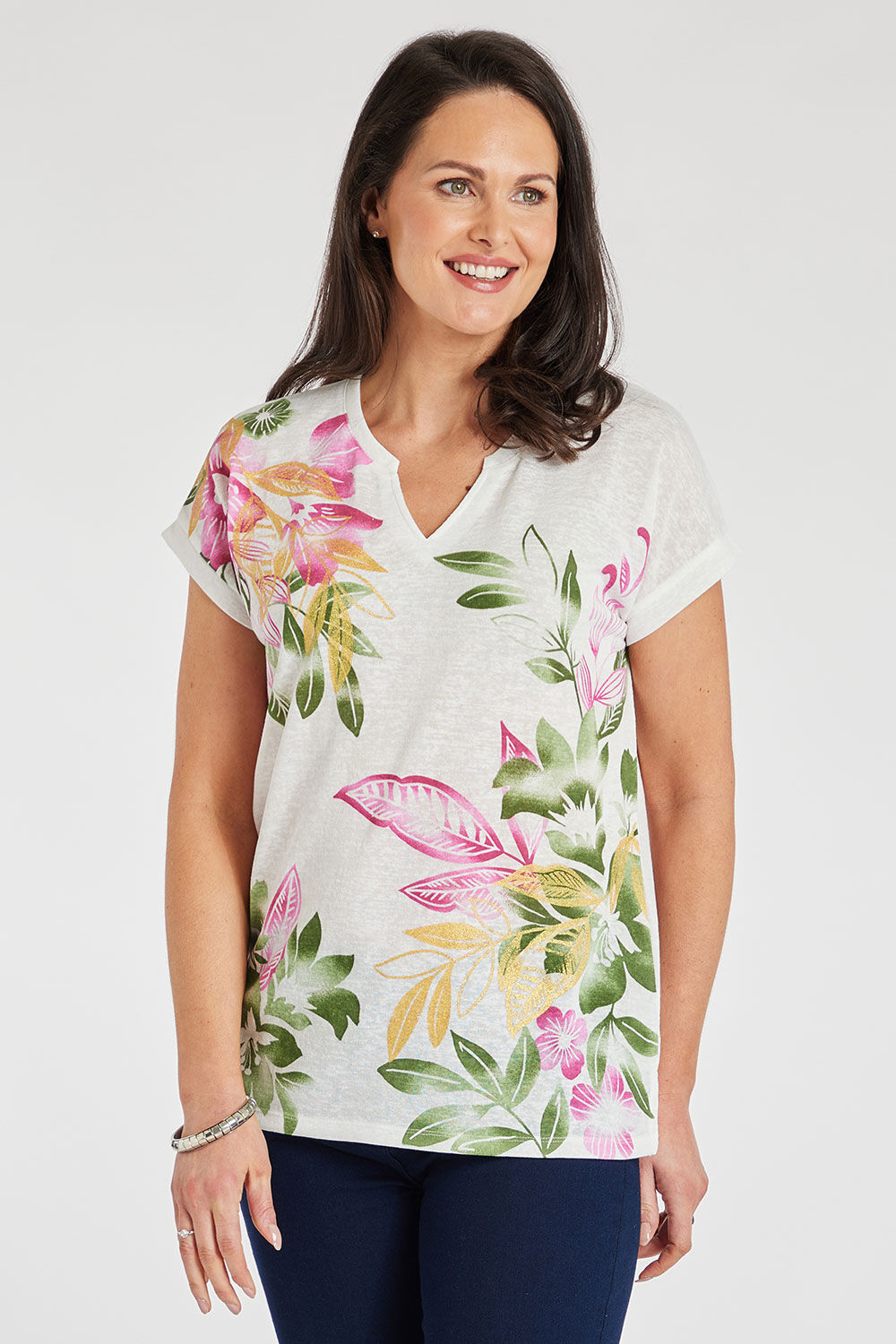 Bonmarche Ivory Short Sleeve Floral Linen Look T-Shirt With Notch Neckline, Size: 12