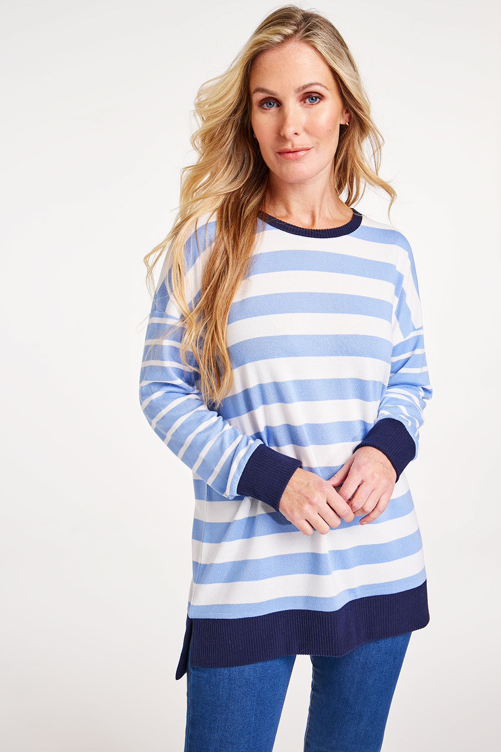 Bonmarche Women’s Lorraine Loves Collection Blue Striped Long Sleeve Soft Touch Tunic, Size: 14