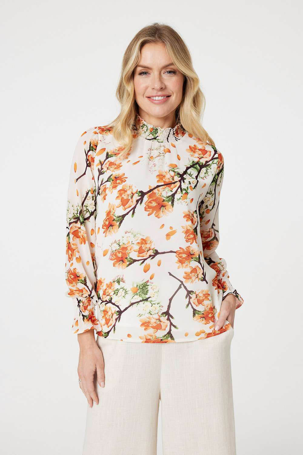 Izabel London Multi - Floral Shirred High Neck Blouse, Size: 18
