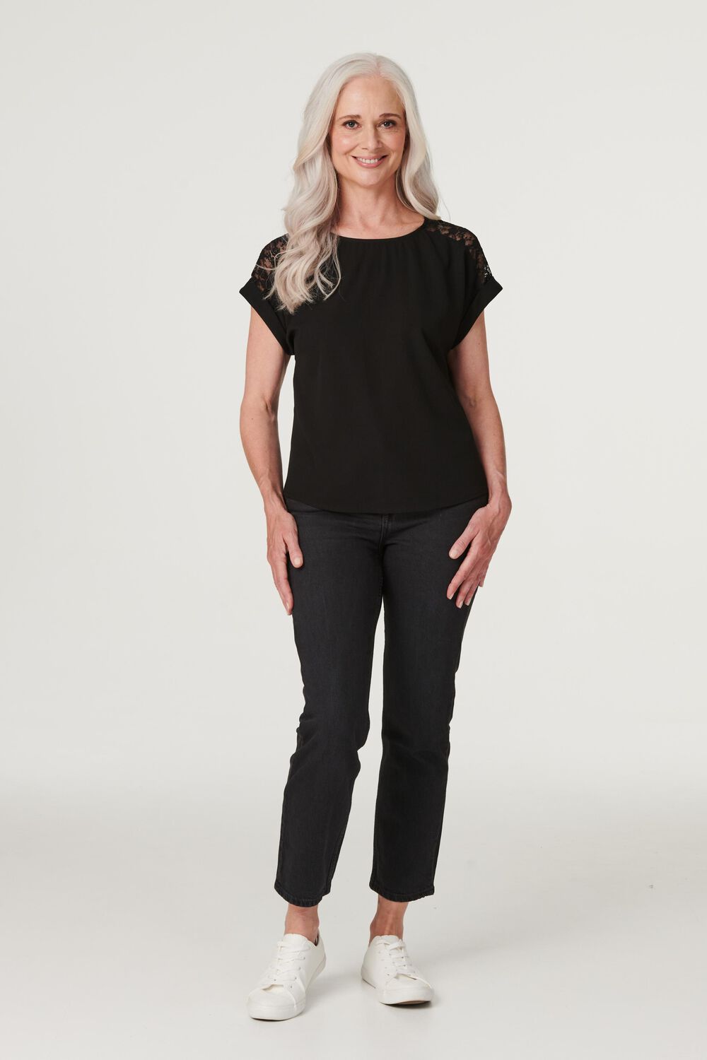 Izabel London Black - Lace Shoulder Short Sleeve Top, Size: 18