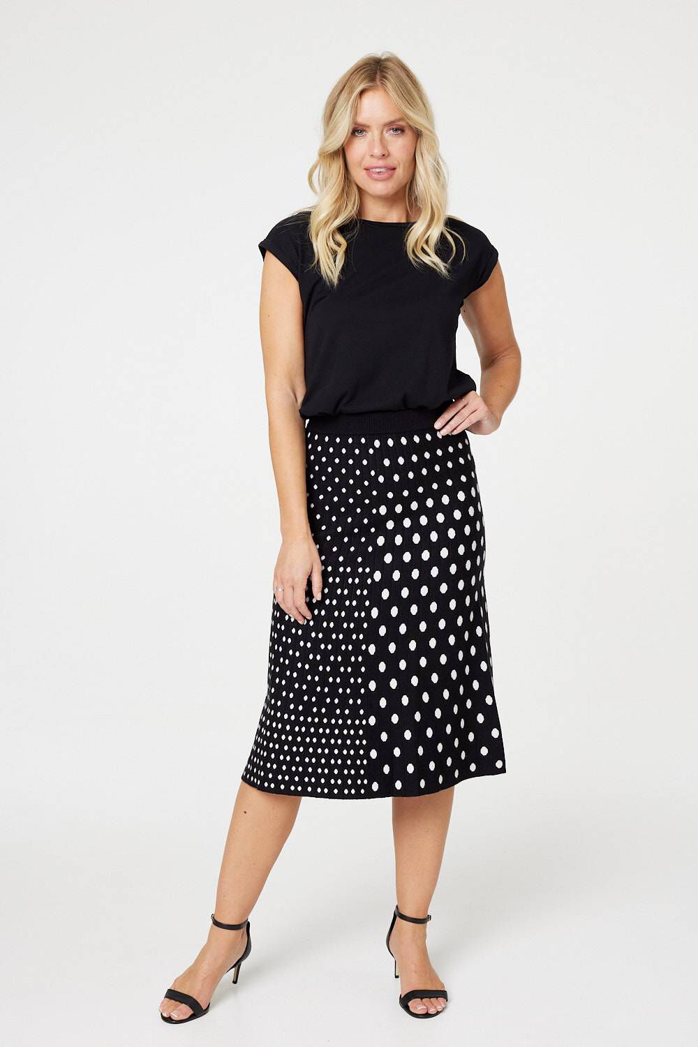Izabel London Women’s Black and White Viscose Polka Dot A-Line Knitted Skirt, Size: 18