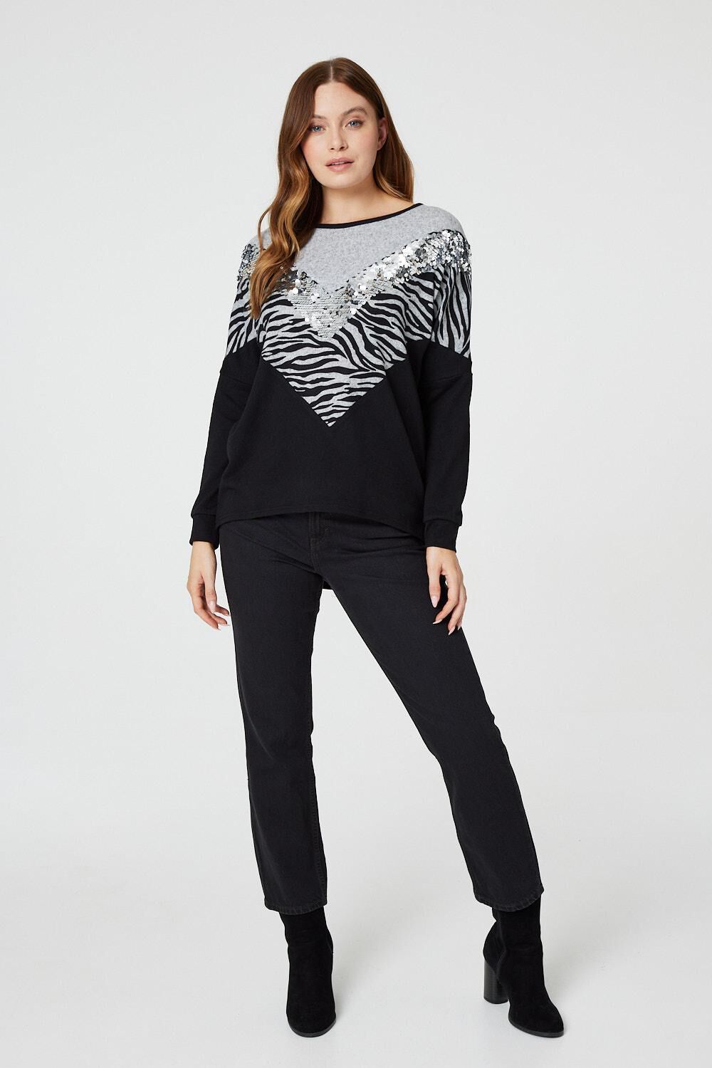 Izabel London Women’s Grey and Black Colour Block Long Sleeve Sequin Zebra Jumper, Size: 14
