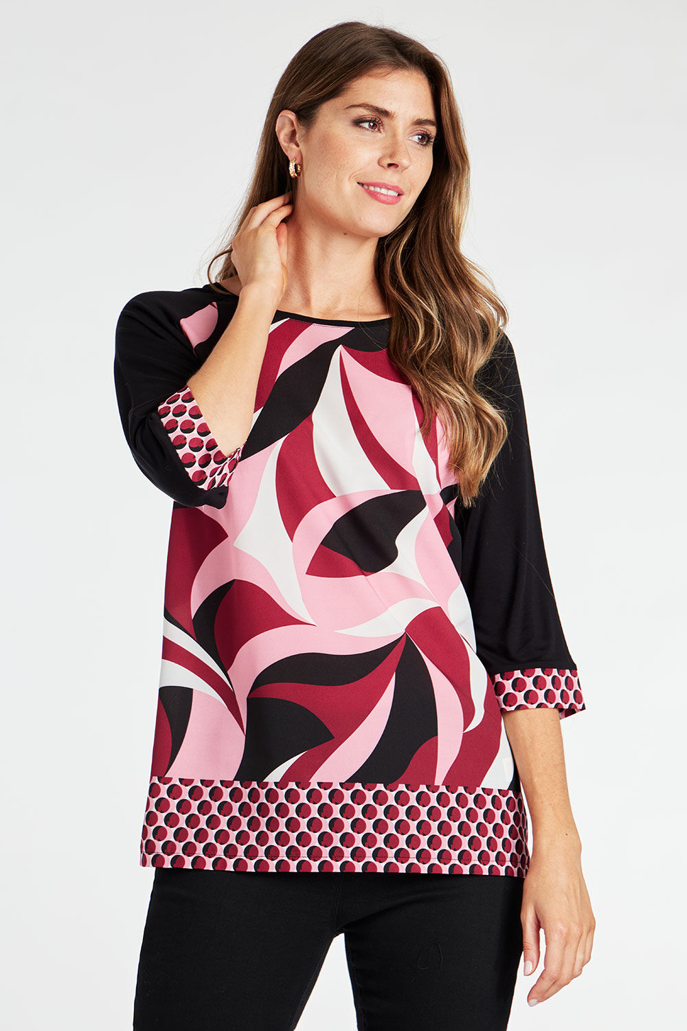 Bonmarche Pink 3/4 Sleeve Wave Print Woven Front Top, Size: 12