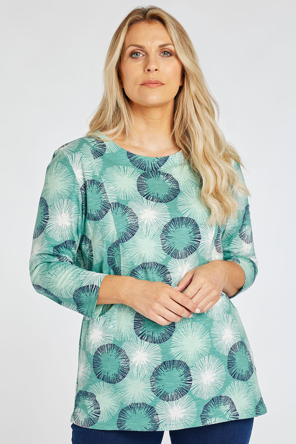 Bonmarche Green 3/4 Sleeve Spot Design Tunic With Pocket Detail, Size: 10