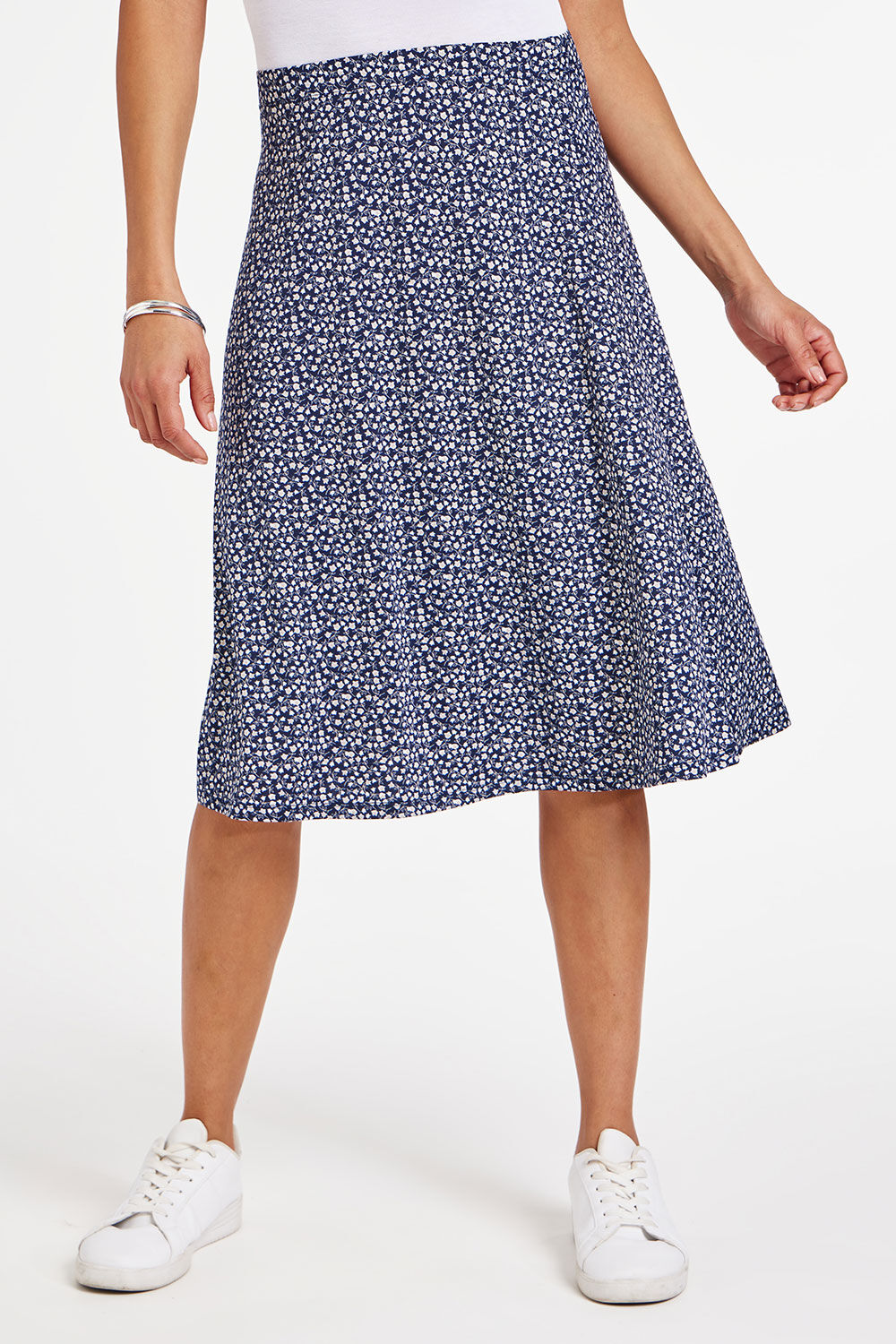 Bonmarche Navy Ditsy Print Flippy Skirt, Size: 26