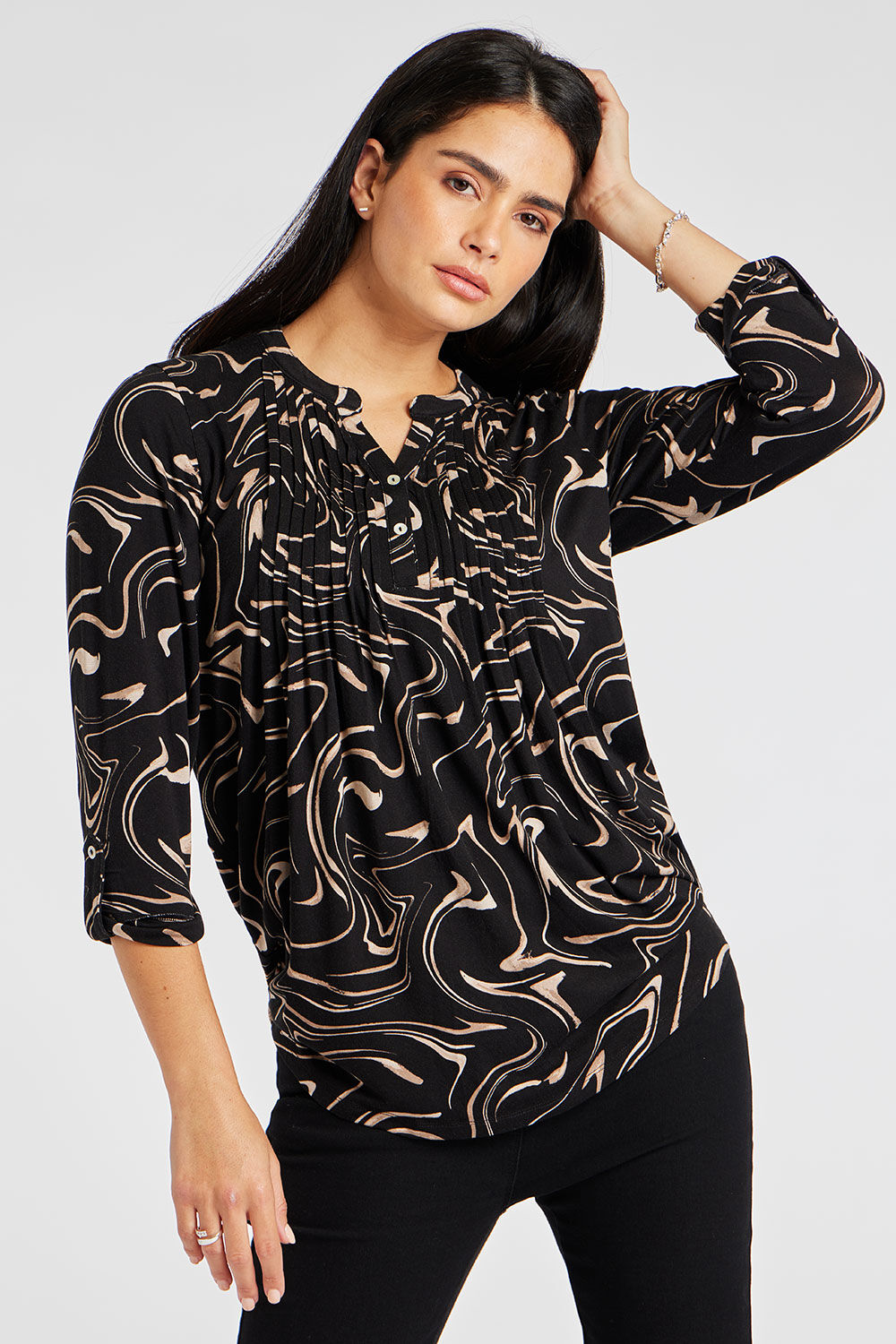 Bonmarche Black 3/4 Sleeve Marble Overhead Shirt With Pintuck Detail, Size: 10