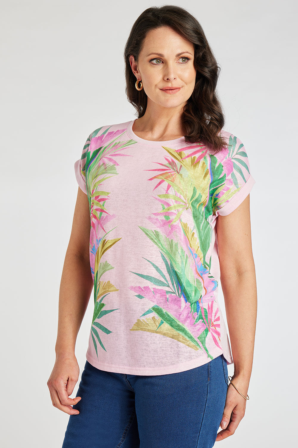 Bonmarche Pink Short Sleeve Palm Print Linen Look T-Shirt, Size: 10