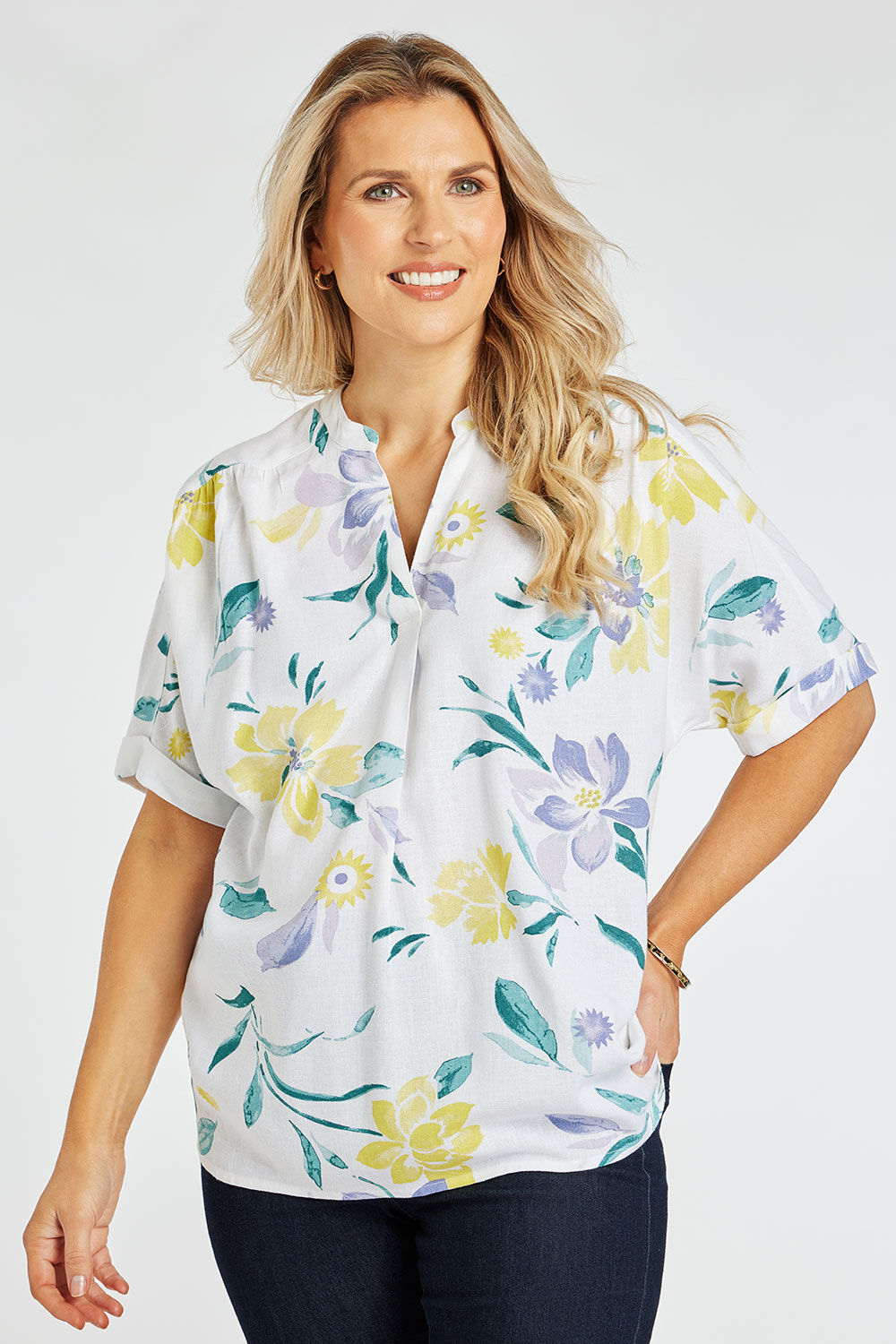 Bonmarche White/Green/Yellow Short Sleeve V Neck Inverted Pleat Floral Print Linen Top, Size: 14