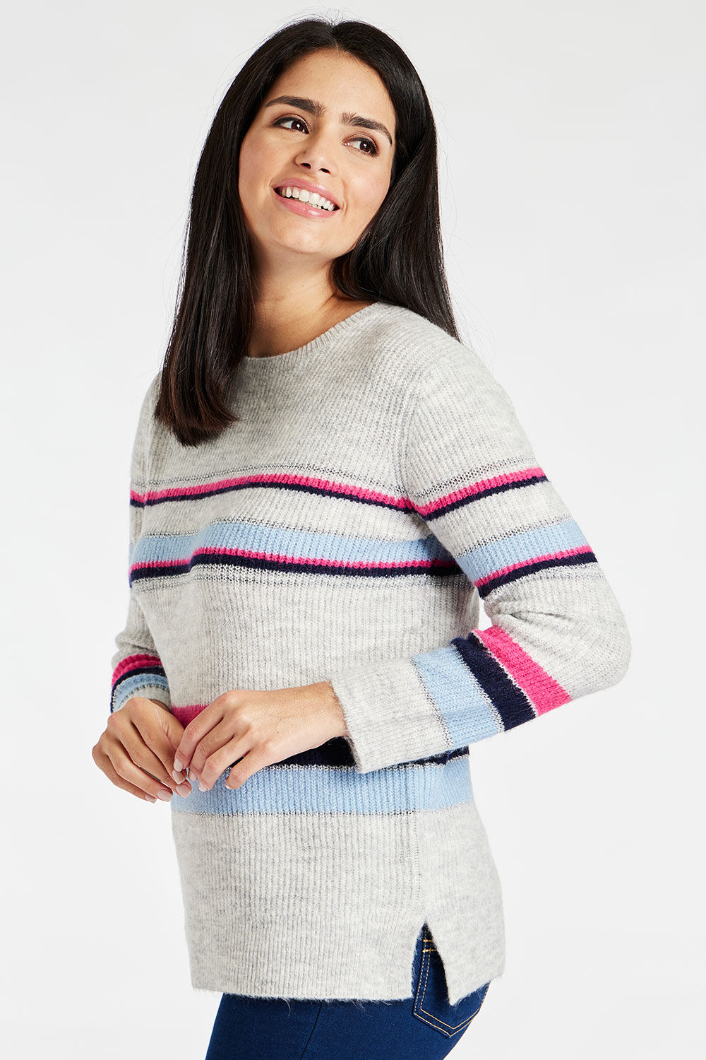 Bonmarche Women’s Grey, Pink and Blue Acrylic Striped Jumper, Size: 14