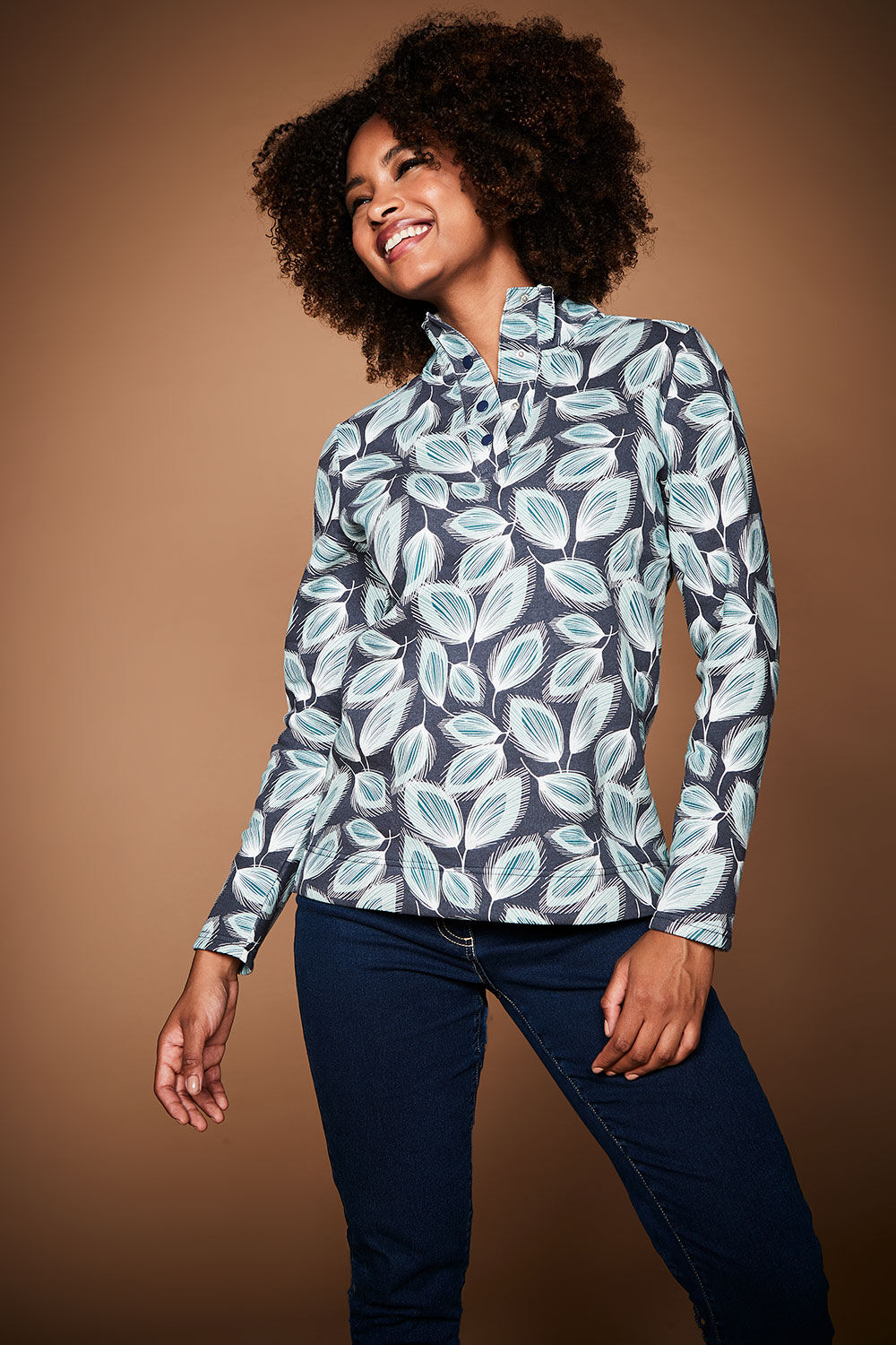 Bonmarche Women’s Navy Blue and White Cotton Leaf Print Long Sleeve Funnel Neck Sweatshirt, Size: 14