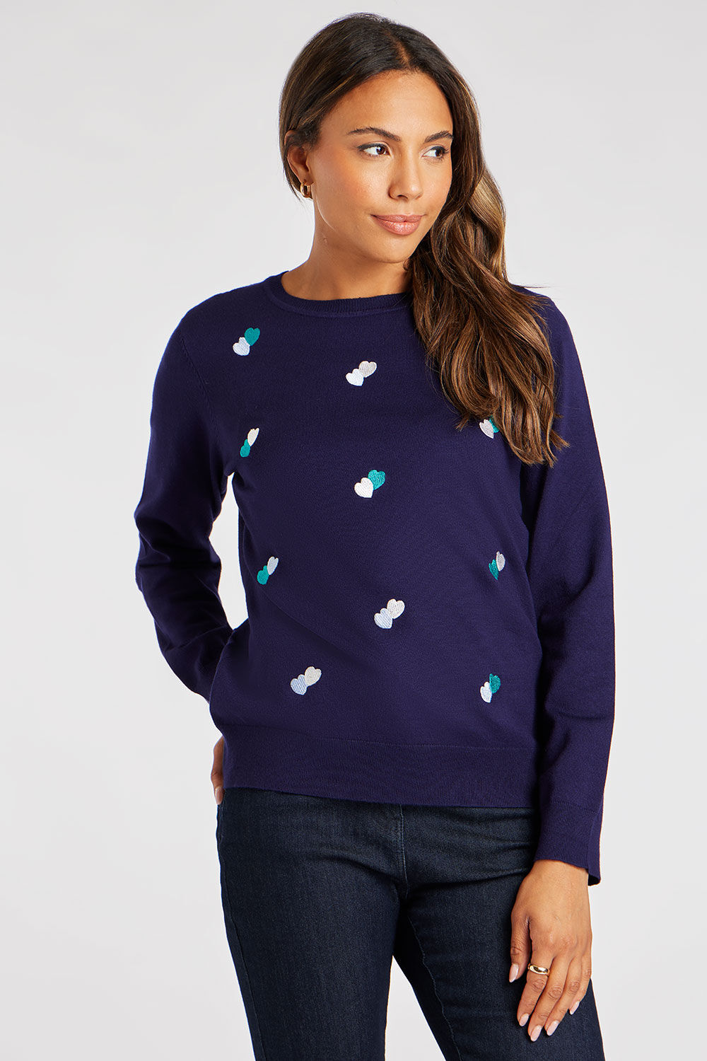 Bonmarche Navy All Over Embroidered Heart Jumper, Size: 10