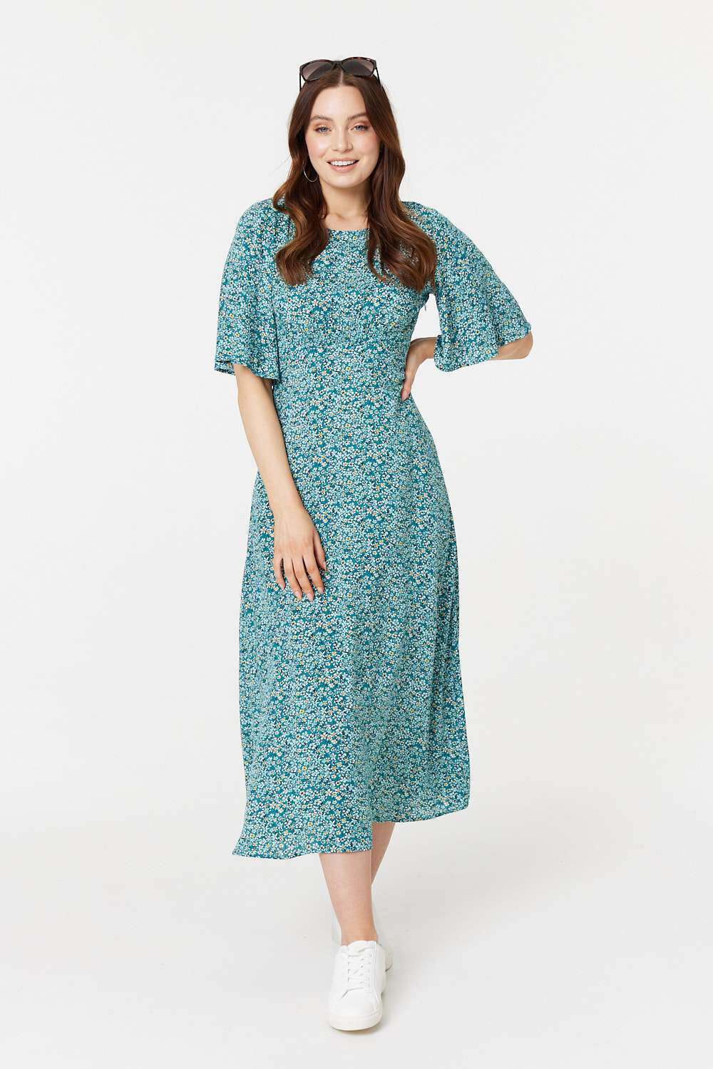 Izabel London Green - Ditsy Floral 1/2 Sleeve Midi Dress, Size: 12