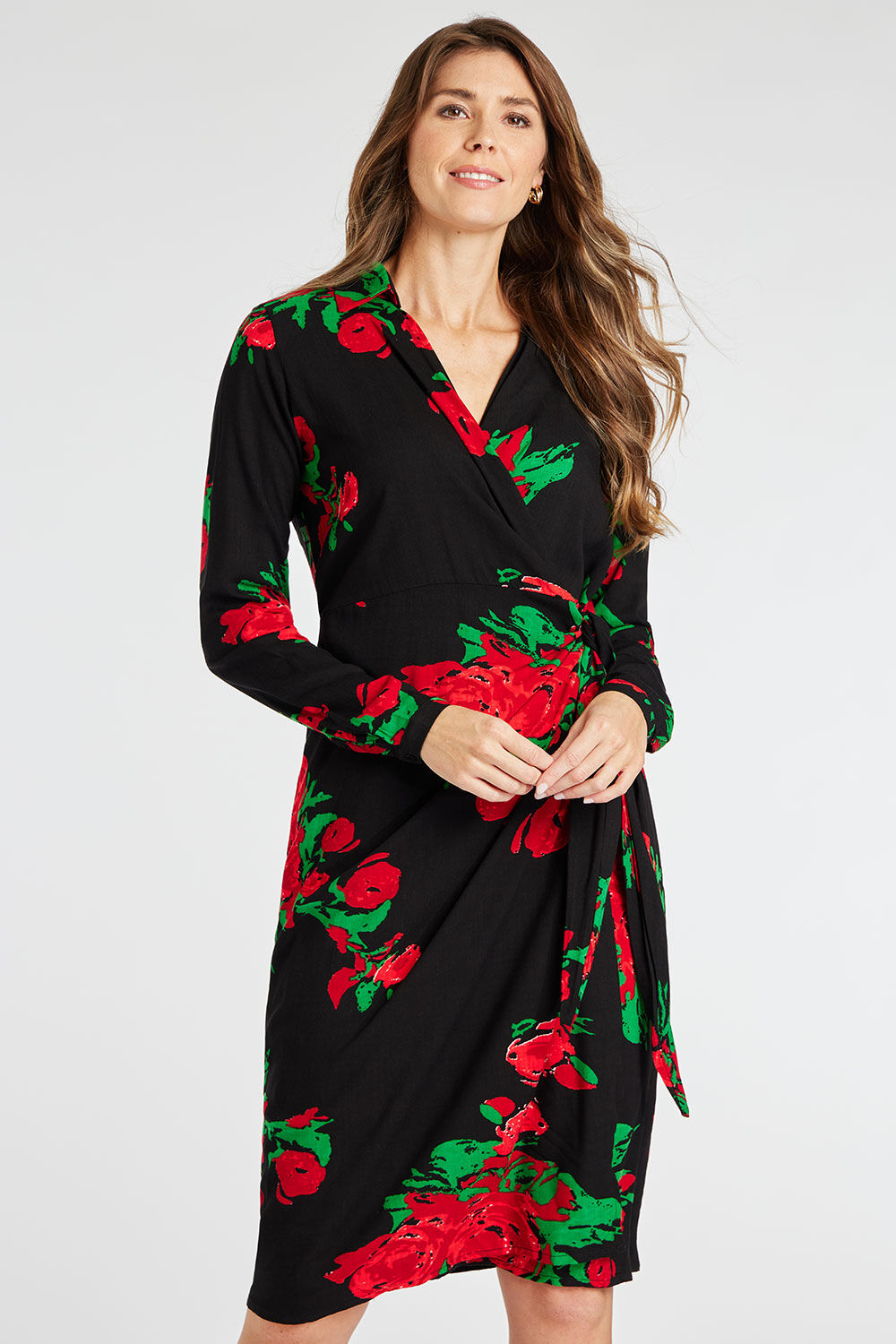 Bonmarche Black Rose Print Wrap Front Dress, Size: 10