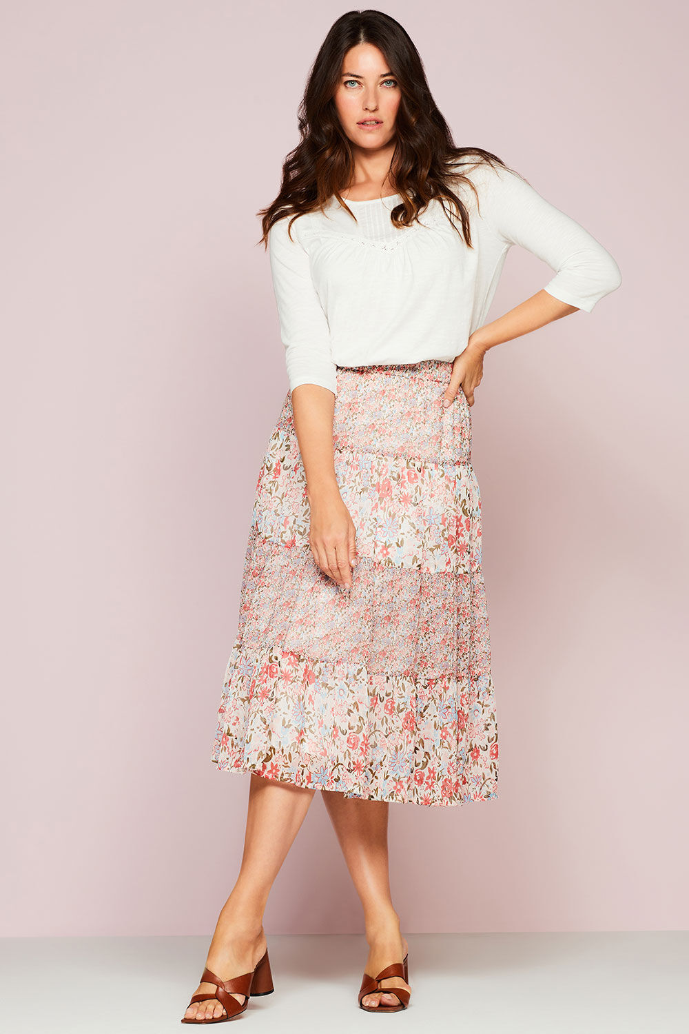 Bonmarche Pale Pink Ditsy Print Tiered Chiffon Elasticated Skirt, Size: 26 - Holiday Shop