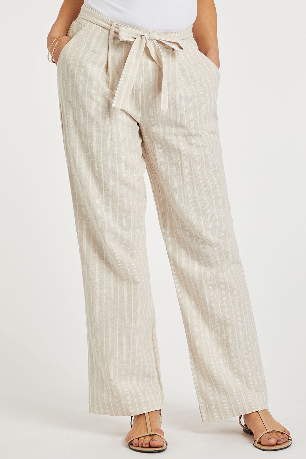 Bonmarche Ladies Cream Linen Viscose Stripe Wide Leg Trousers, Size: 26