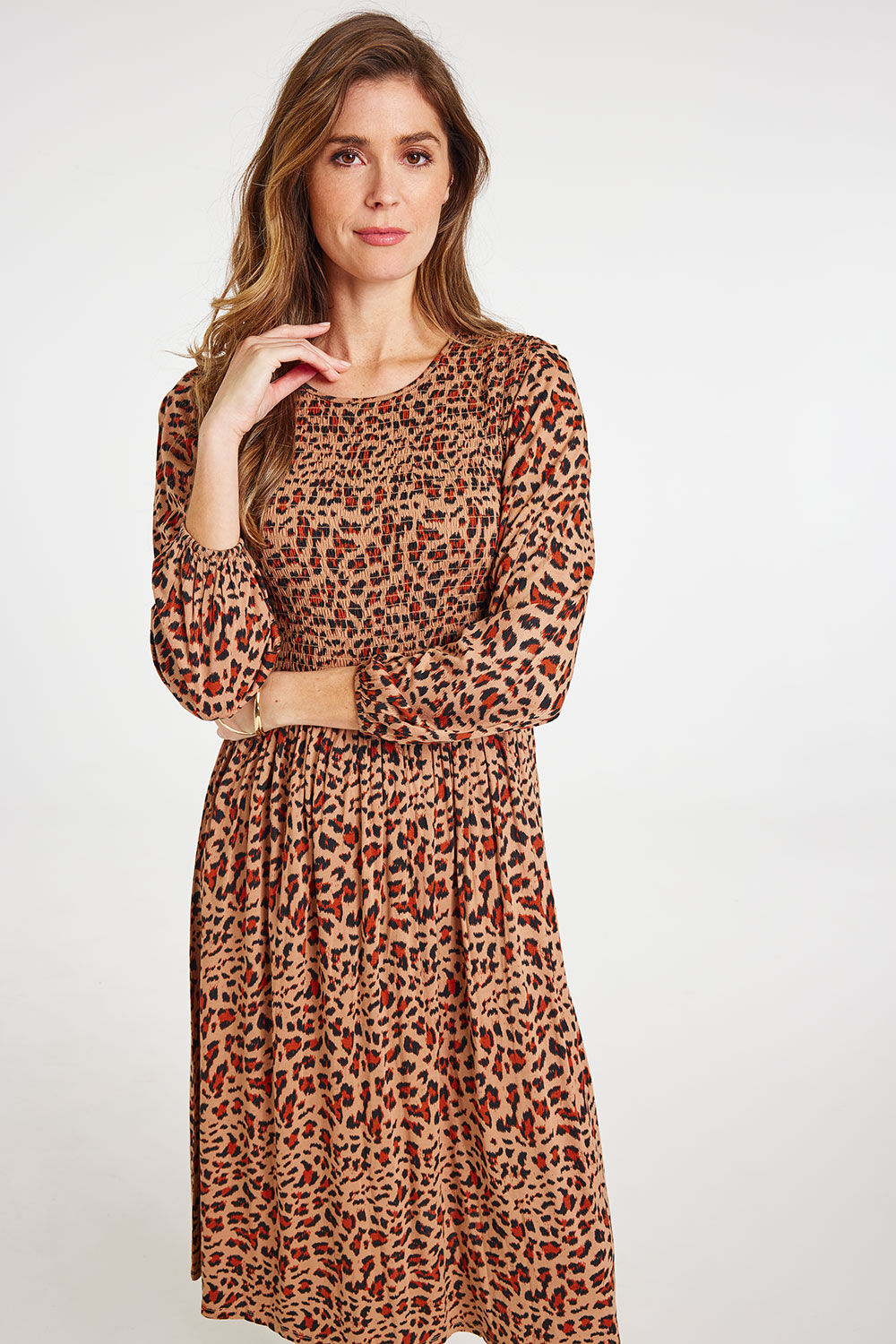 Bonmarche Brown Animal Print Shirred Bodice Jersey Dress, Size: 16 - Summer Clothes