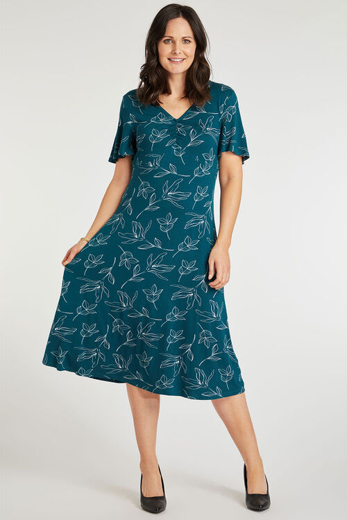 Teal Ruched Front Printed Tea Dress | Bonmarché