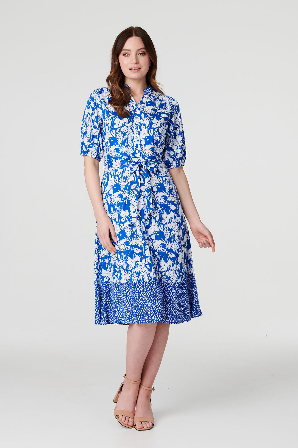 Izabel London Blue - Floral 1/2 Sleeve Midi Shirt Dress, Size: 18