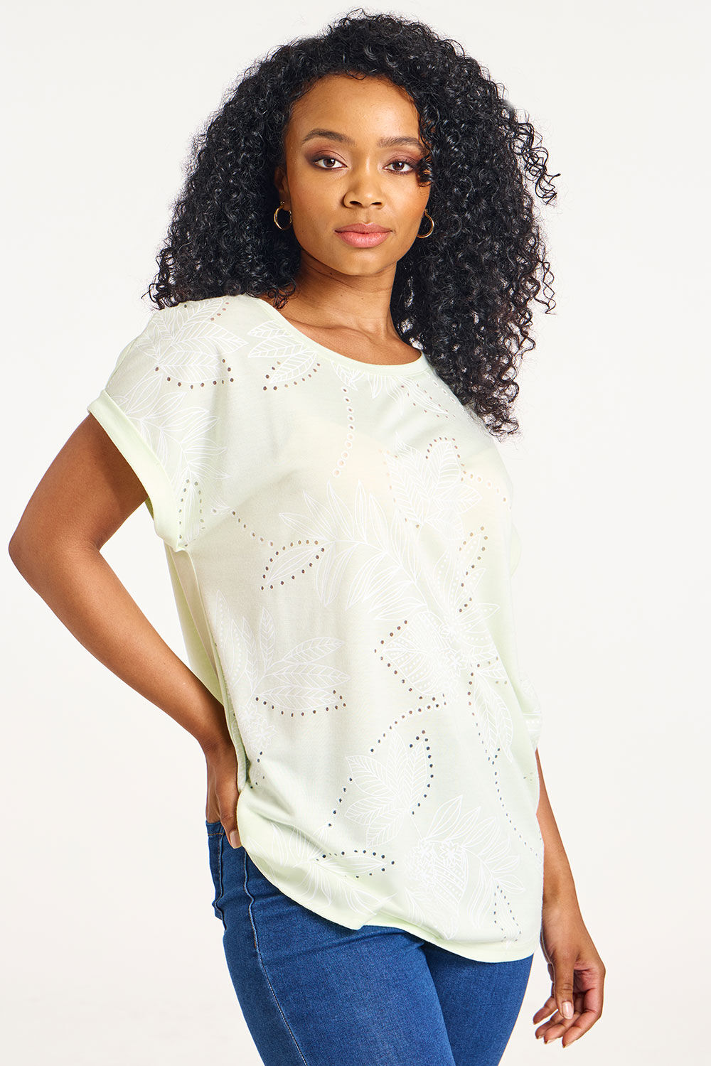 Bonmarche Khaki Short Sleeve Burnout Tonal Floral Print T-Shirt, Size: 14