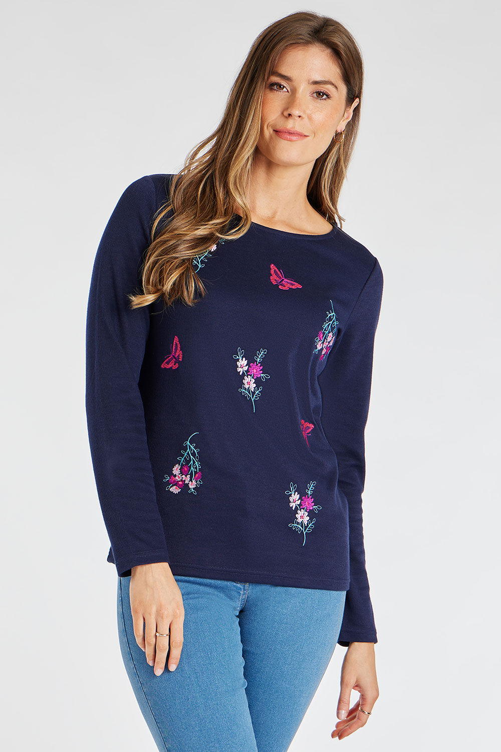 Bonmarche Navy Long Sleeve Embroidered Sprig and Butterfly Top, Size: 10