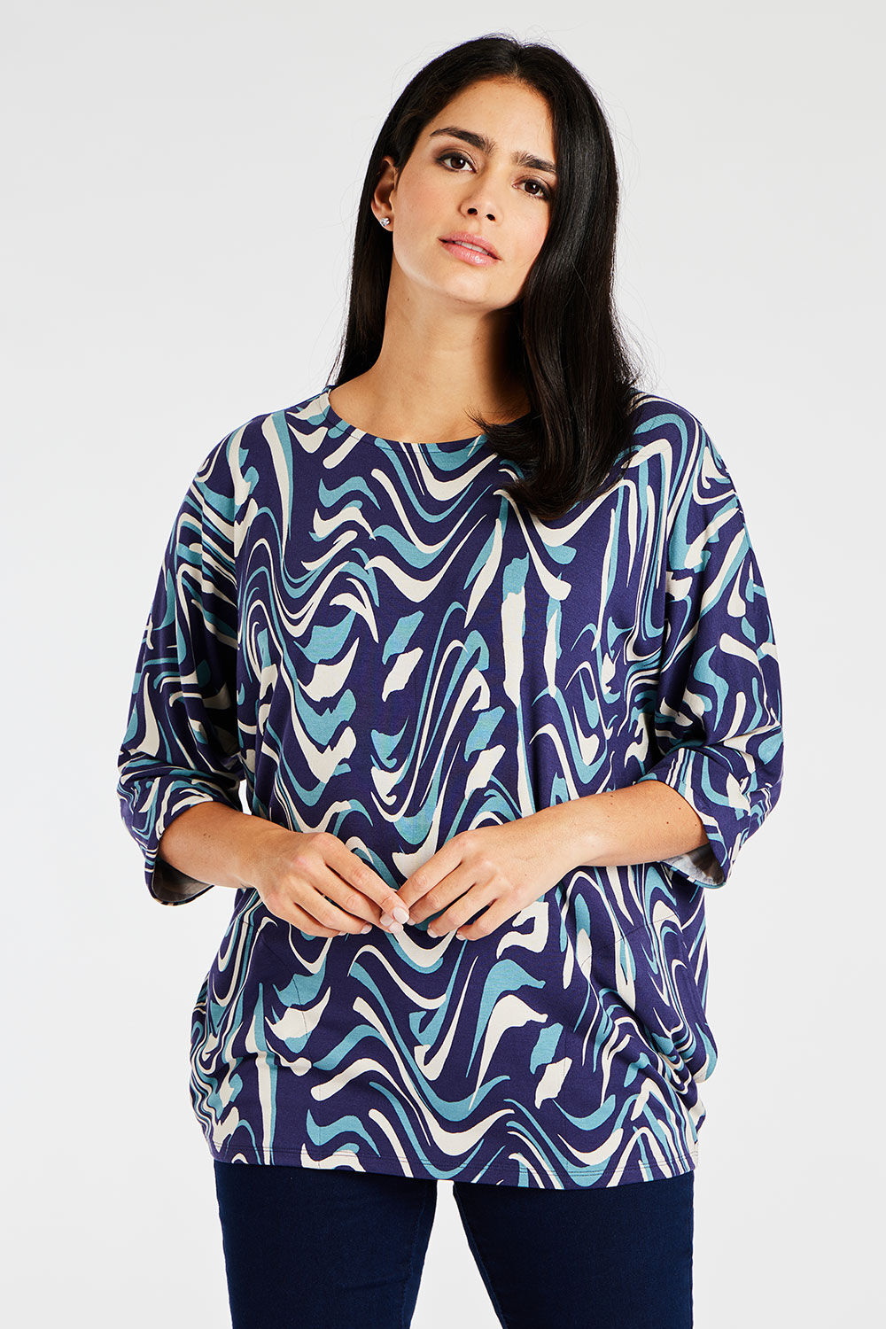Bonmarche Navy 3/4 Sleeve Wave and Zebra Print Tunic With Pocket Detail, Size: 14
