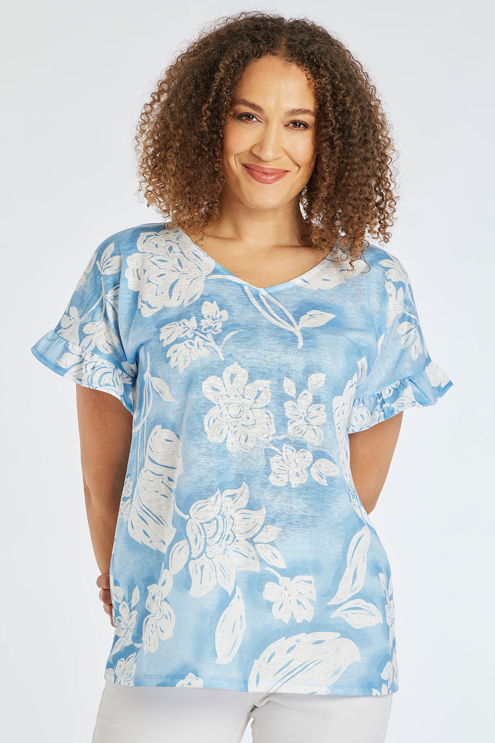 Bonmarche Pale Blue Short Frill Sleeve Flower Print Linen Look T-Shirt, Size: 10