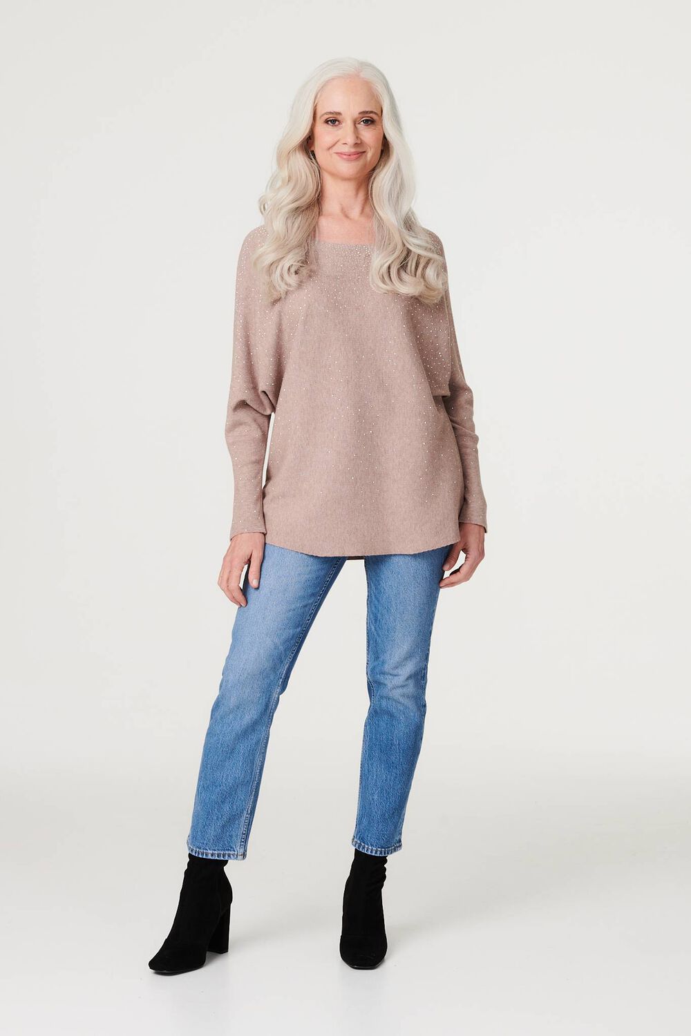 Izabel London Women’s Beige Viscose Embellished Long Sleeve Knit Top, Size: S