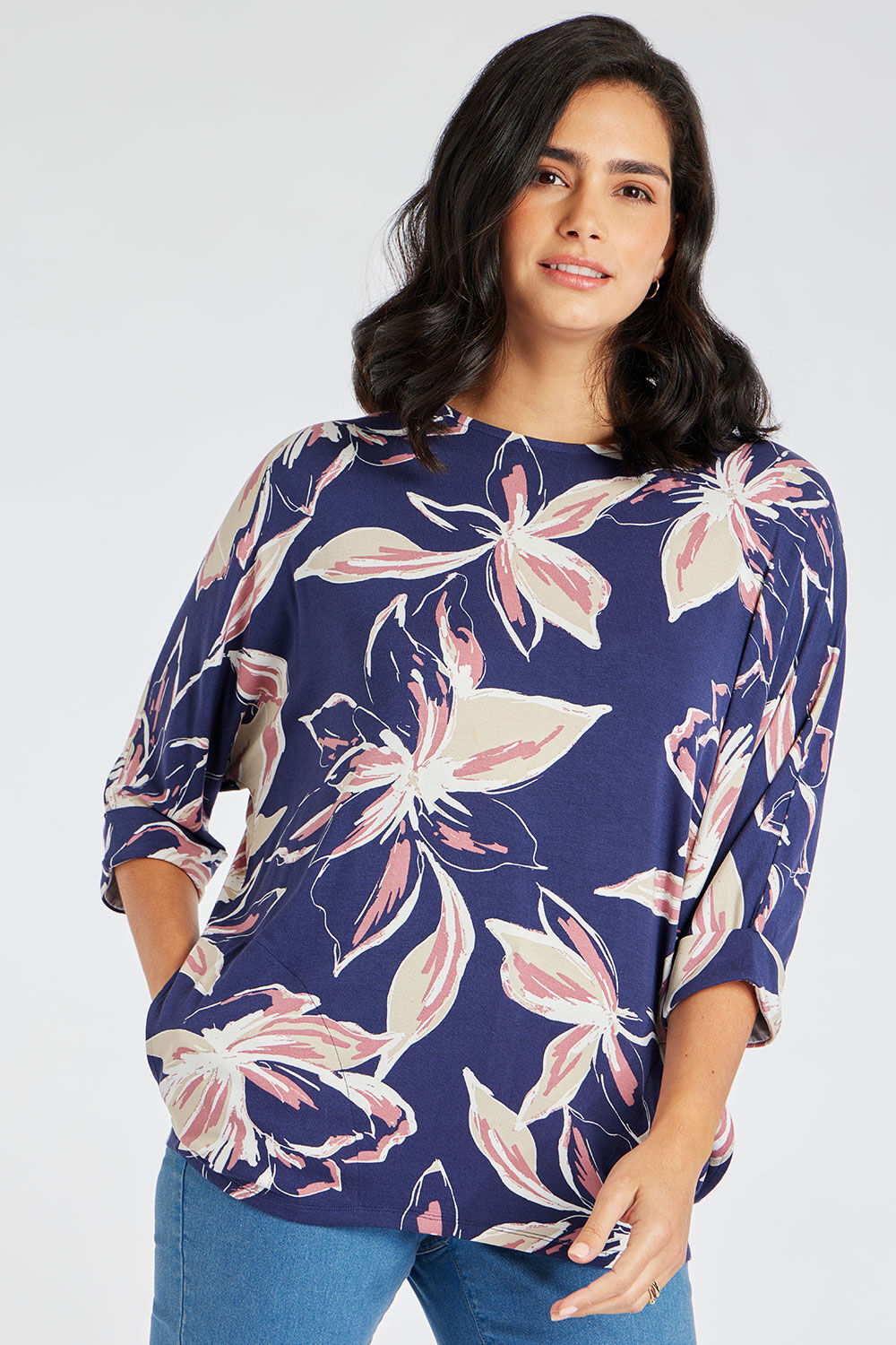 Bonmarche Navy Large Floral Print Batwing Tunic With Pocket Detail, Size: 14