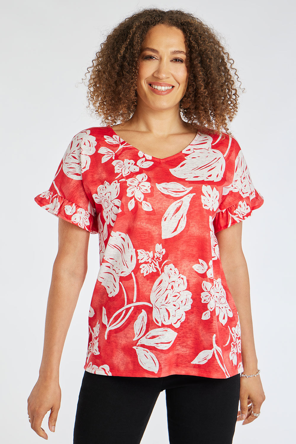 Bonmarche Red Short Frill Sleeve Flower Print Linen Look T-Shirt, Size: 10