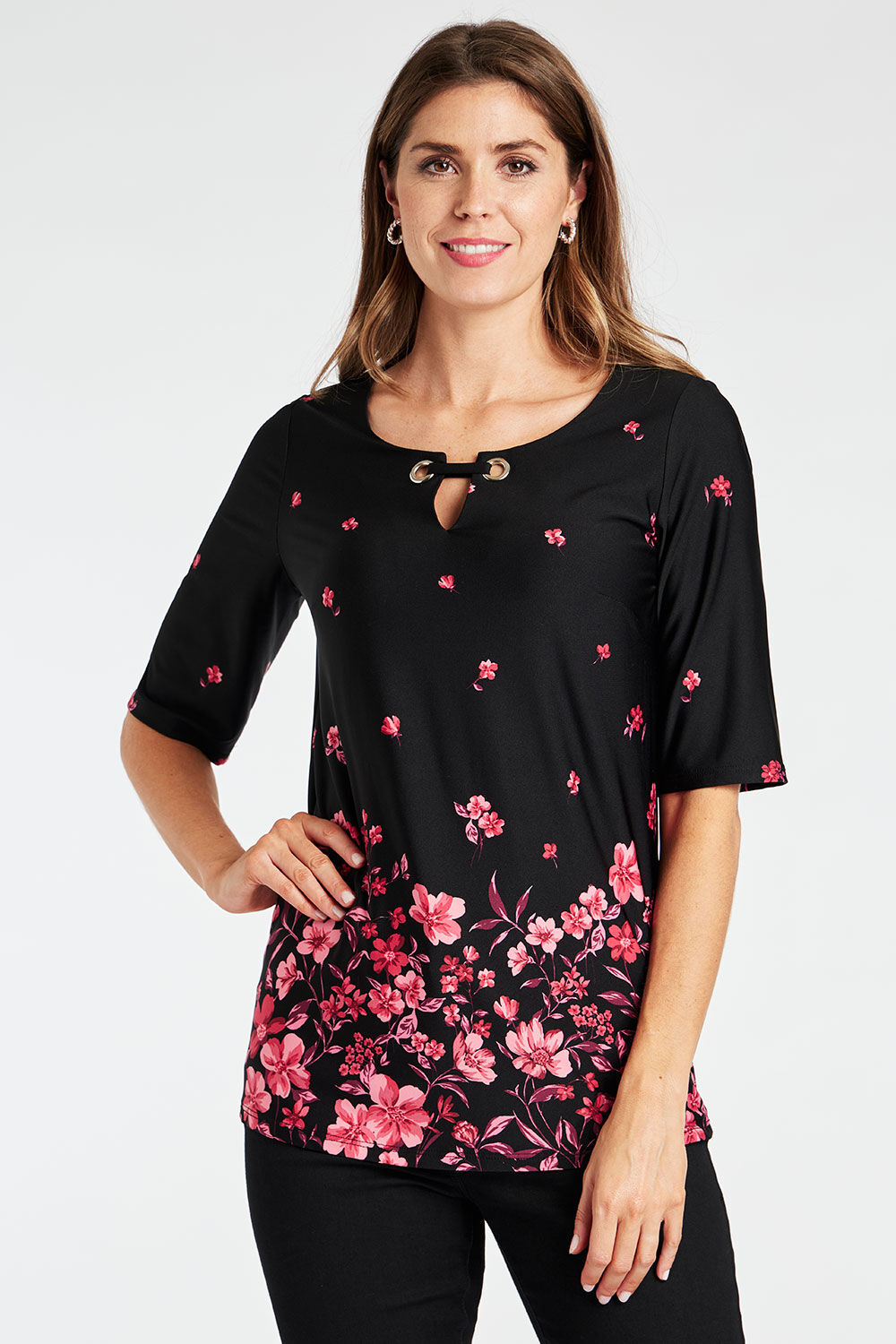 Bonmarche Black Half Sleeve Floral Print Tunic With Eyelet Detail, Size: 14