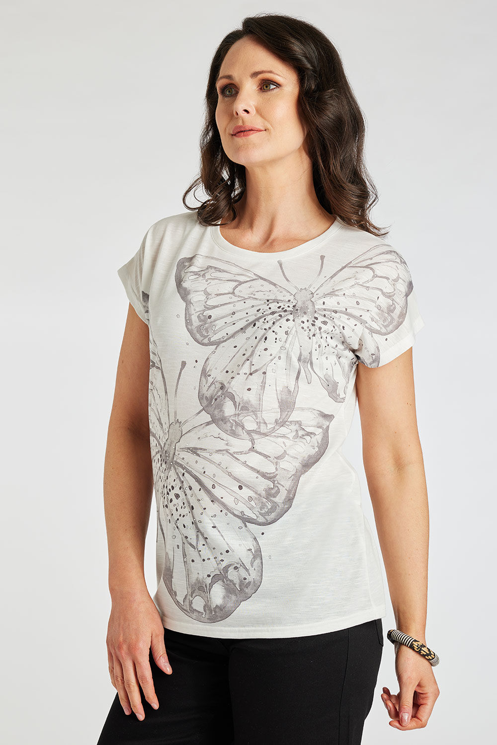 Bonmarche Grey Short Sleeve Oversized Butterfly T-Shirt, Size: 14