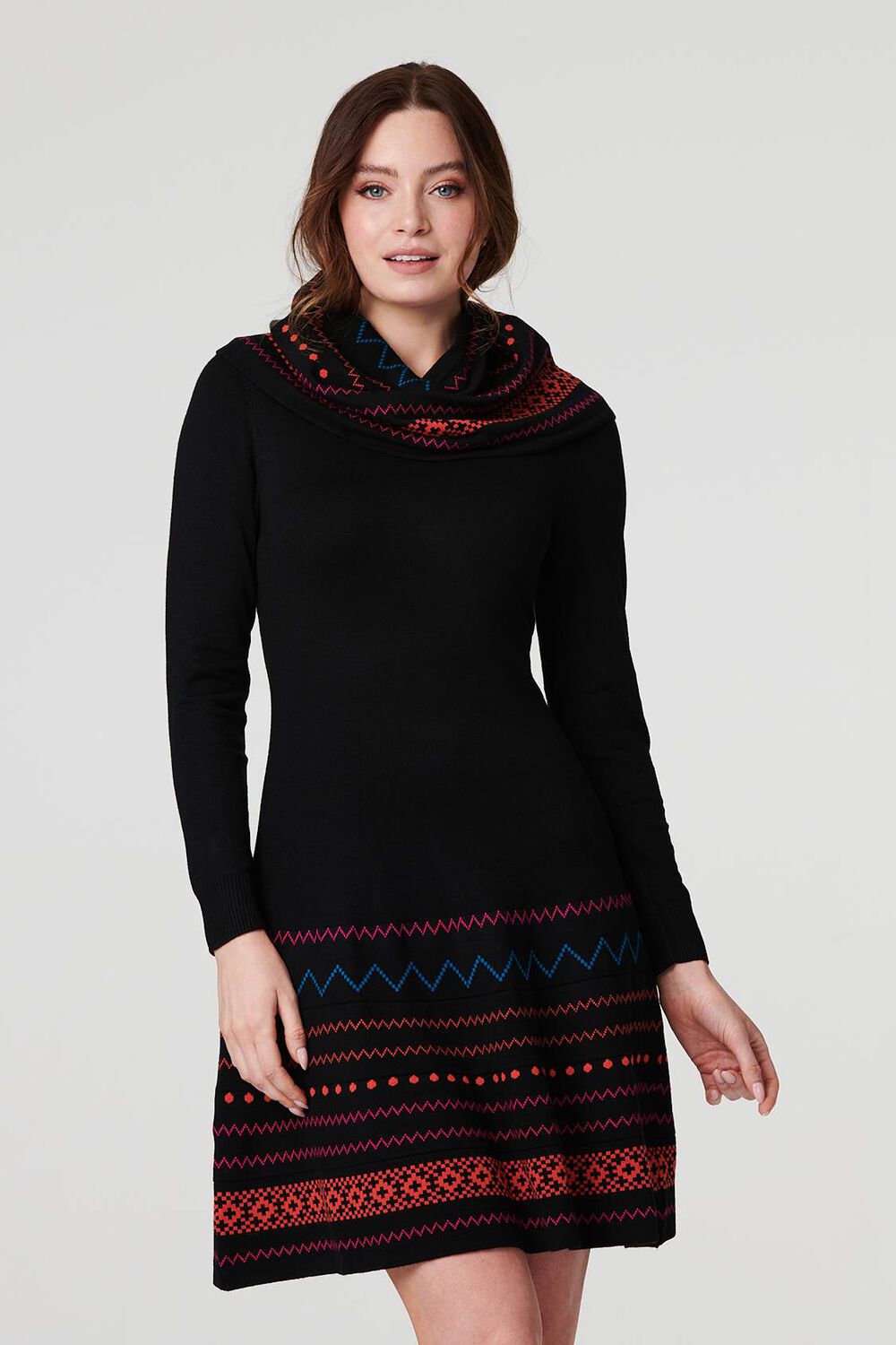 Izabel London Black - Printed Knit Skater Dress With Scarf, Size: 12