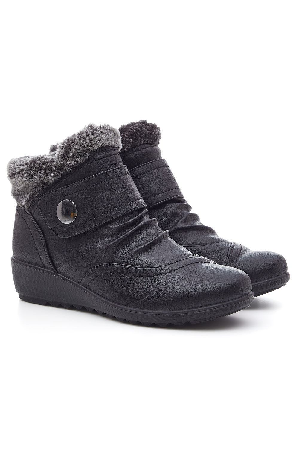 Cushion Walk Black - Fur Trim Ankle Boots With Stud Strap, Size: 3