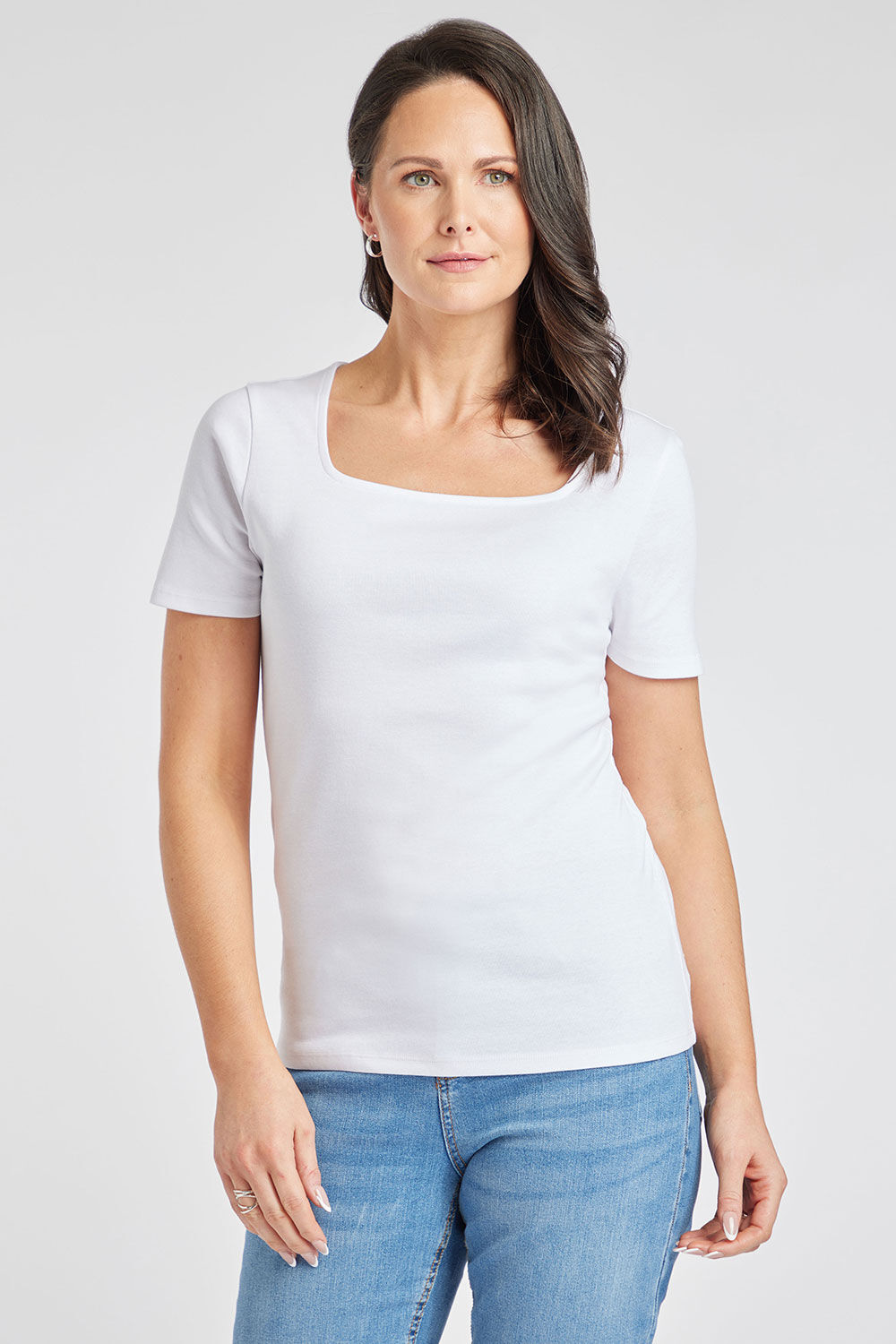 Bonmarche White Square Neck Plain T-Shirt, Size: 20